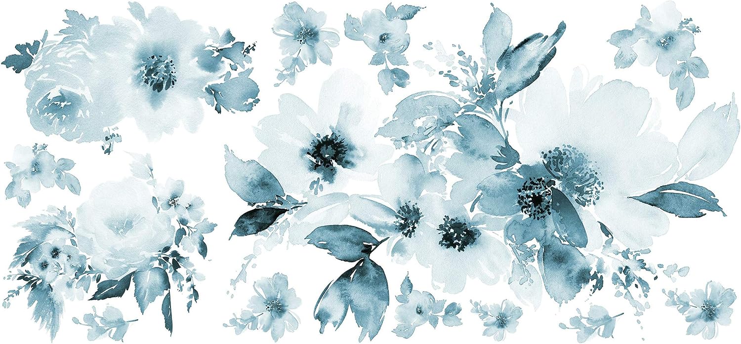 RMK4708GM Watercolor Floral Peel and Stick Wall Decals / Blue