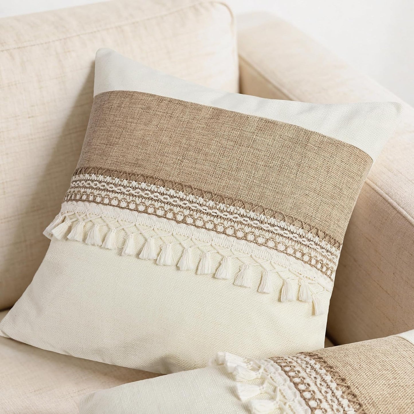 Boho Pillow Covers / Boho Beige Tassles-b / 18 x 18 / Set of 2