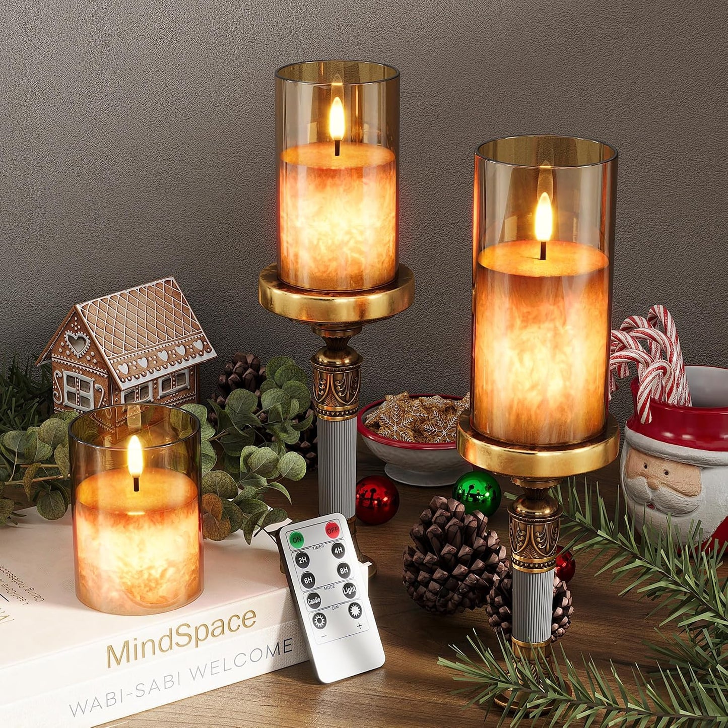 Battery Operated Flameless Candles with Remote & Timer, Gold Glass 3Pack | Real Wax Crystal Texture, D3×H4/5/6"