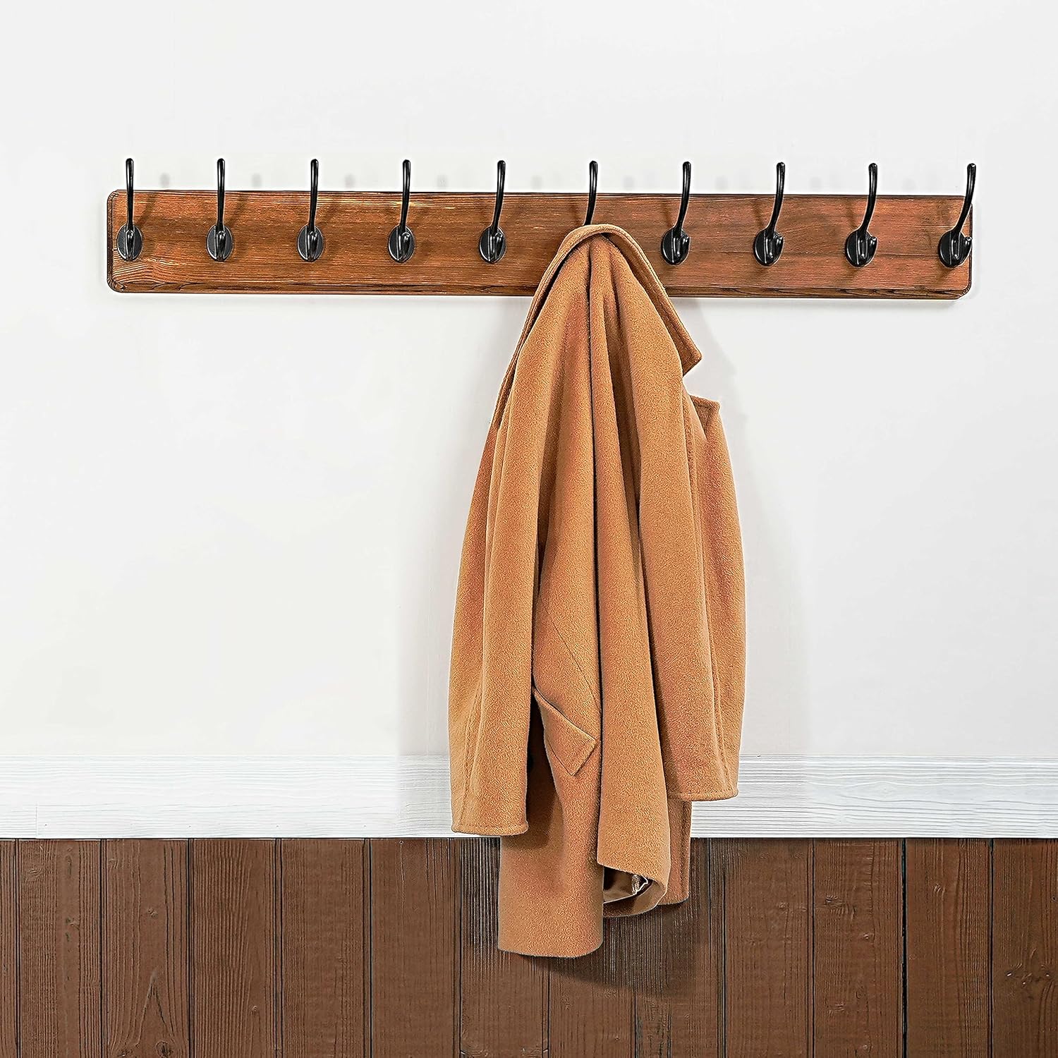 WEBI Coat Rack Wall Mount,10 Hooks,38 9/16" Long Coat Hooks Wall Mounted Rustic,16" Hole to Hole,Wood Coat Hanger