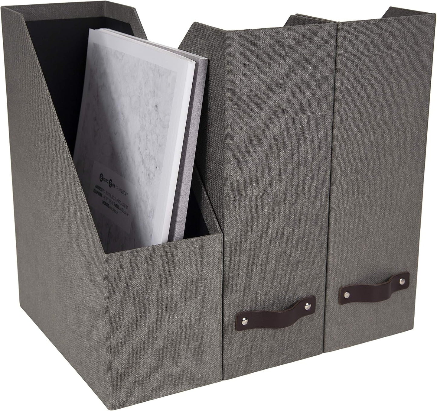 Bigso Box of Sweden Estelle Canvas Fiberboard Upright Magazine Storage Box Organizer for Papers & Catalogs w/Leather