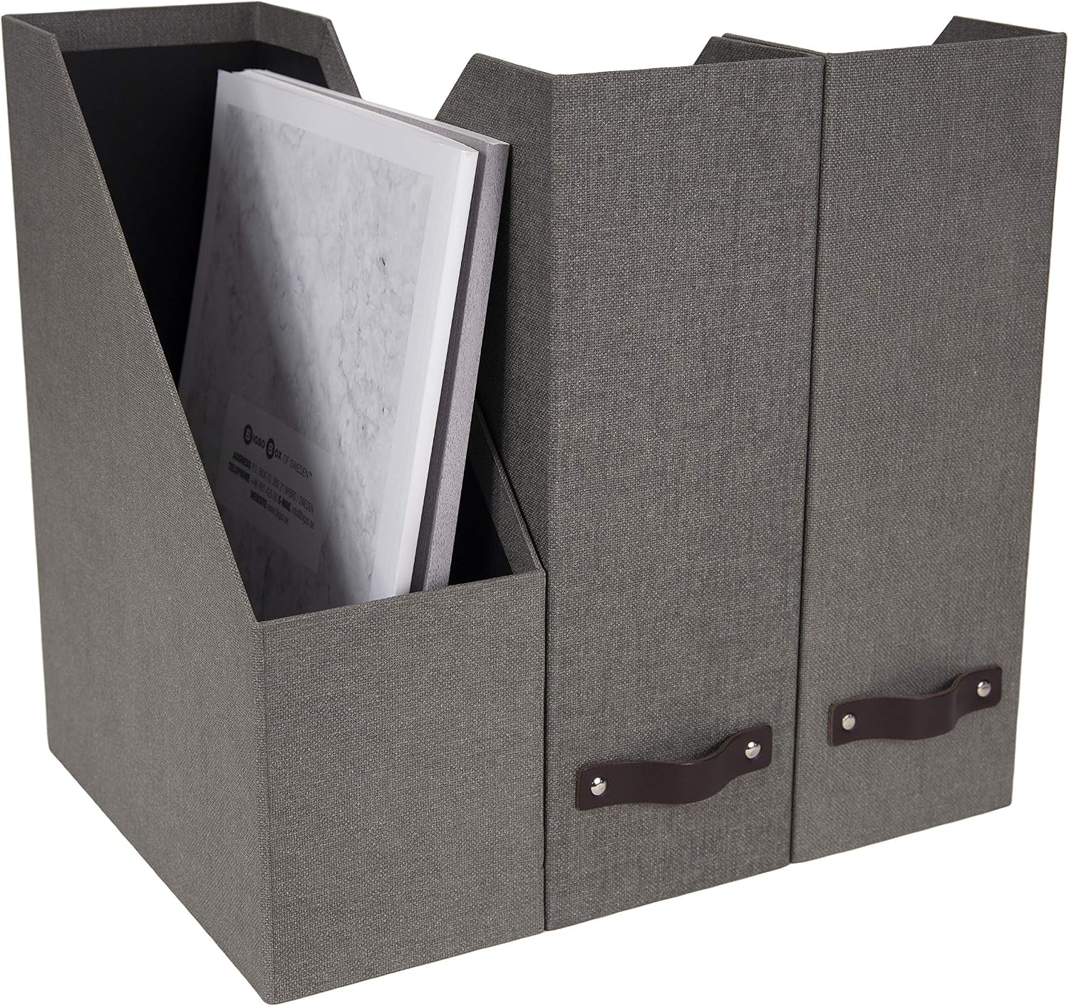 Bigso Box of Sweden Estelle Canvas Fiberboard Upright Magazine Storage Box Organizer for Papers & Catalogs w/Leather