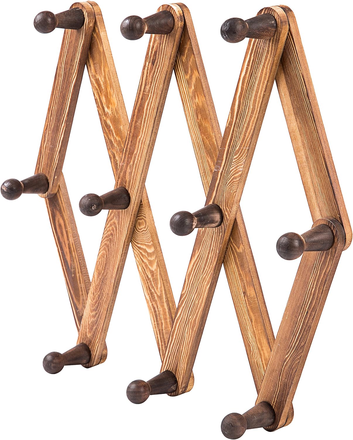 MyGift Expandable Hat Rack with 10 Hooks, Burnt Wood Wall Coat Rack | Expandable accordion design offers 10 pegs for
