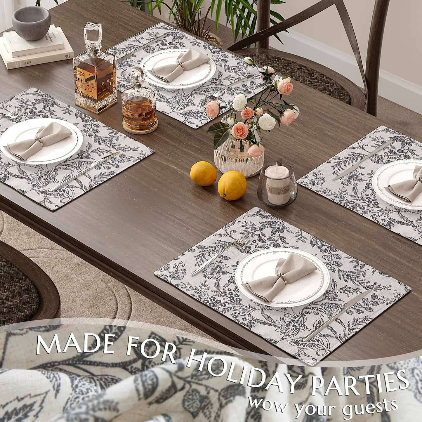 JINCHAN Linen Floral Placemats Set of 4 Farmhouse 13x19 Inch Black | Fabric Placemats, Cottage Style, Vintage Botanical