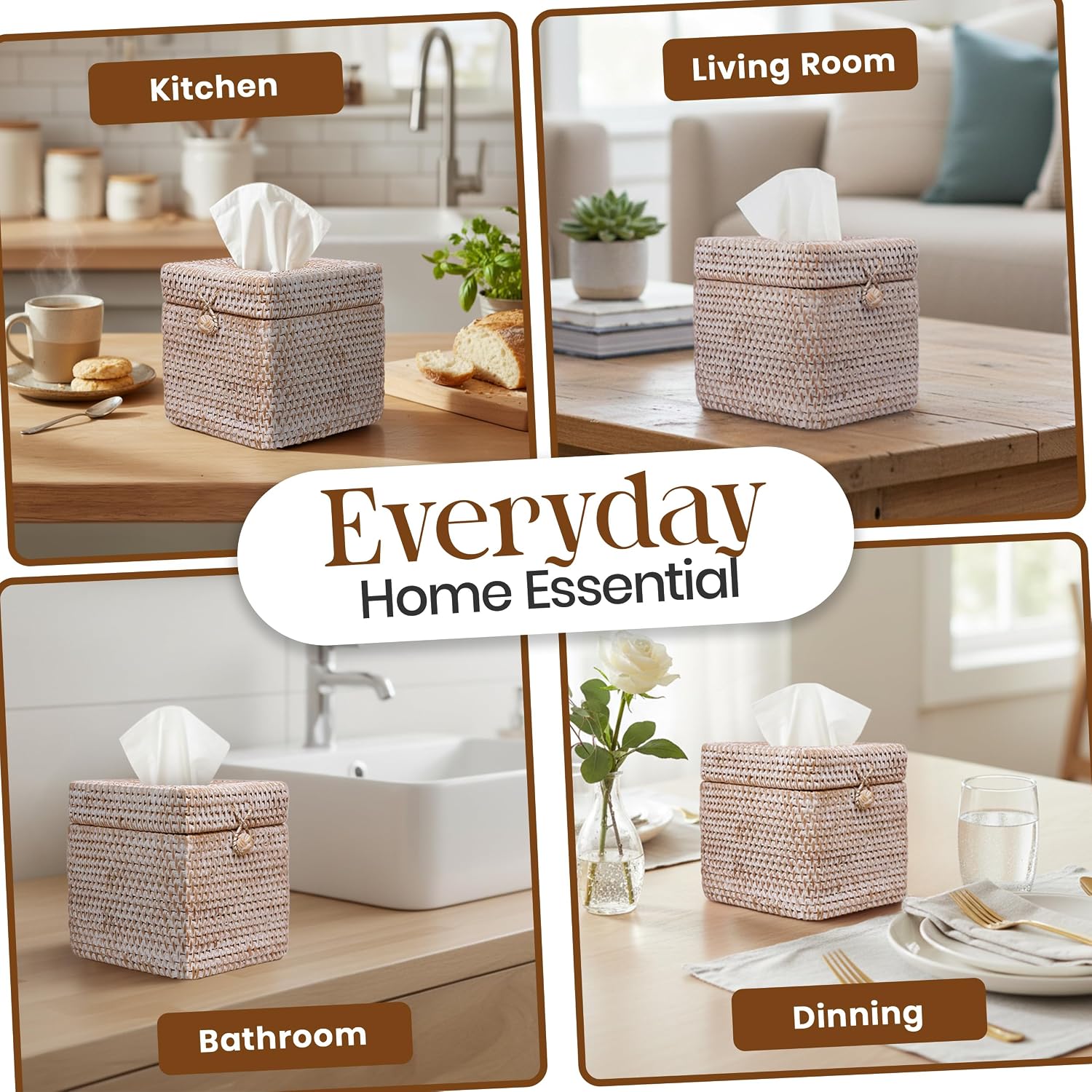 Rattan Tissue Box Cover / Whitewash / 5.5 x 5.5 x 5.9