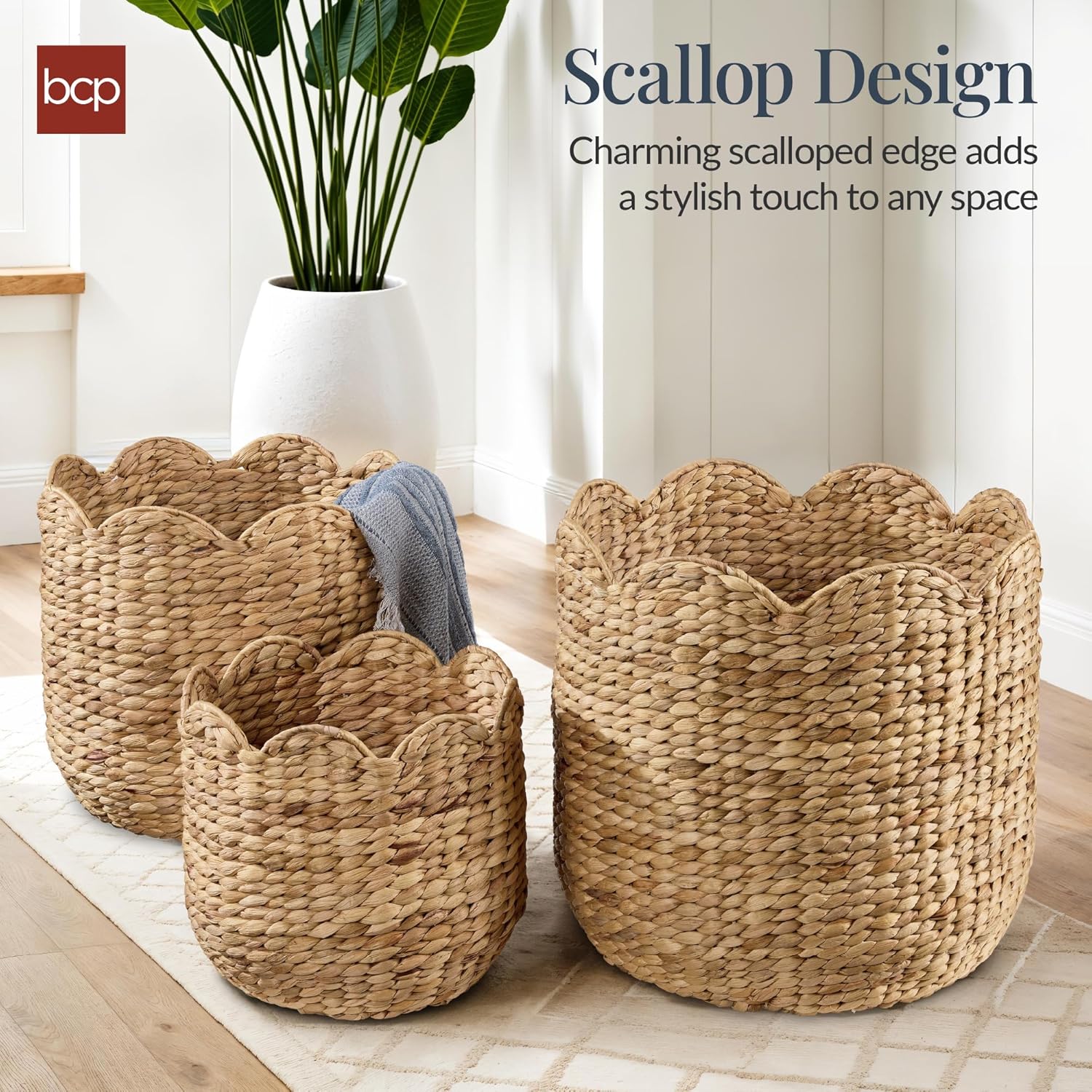 3pc Water Hyacinth Scalloped Multipurpose Nesting Baskets / Natural