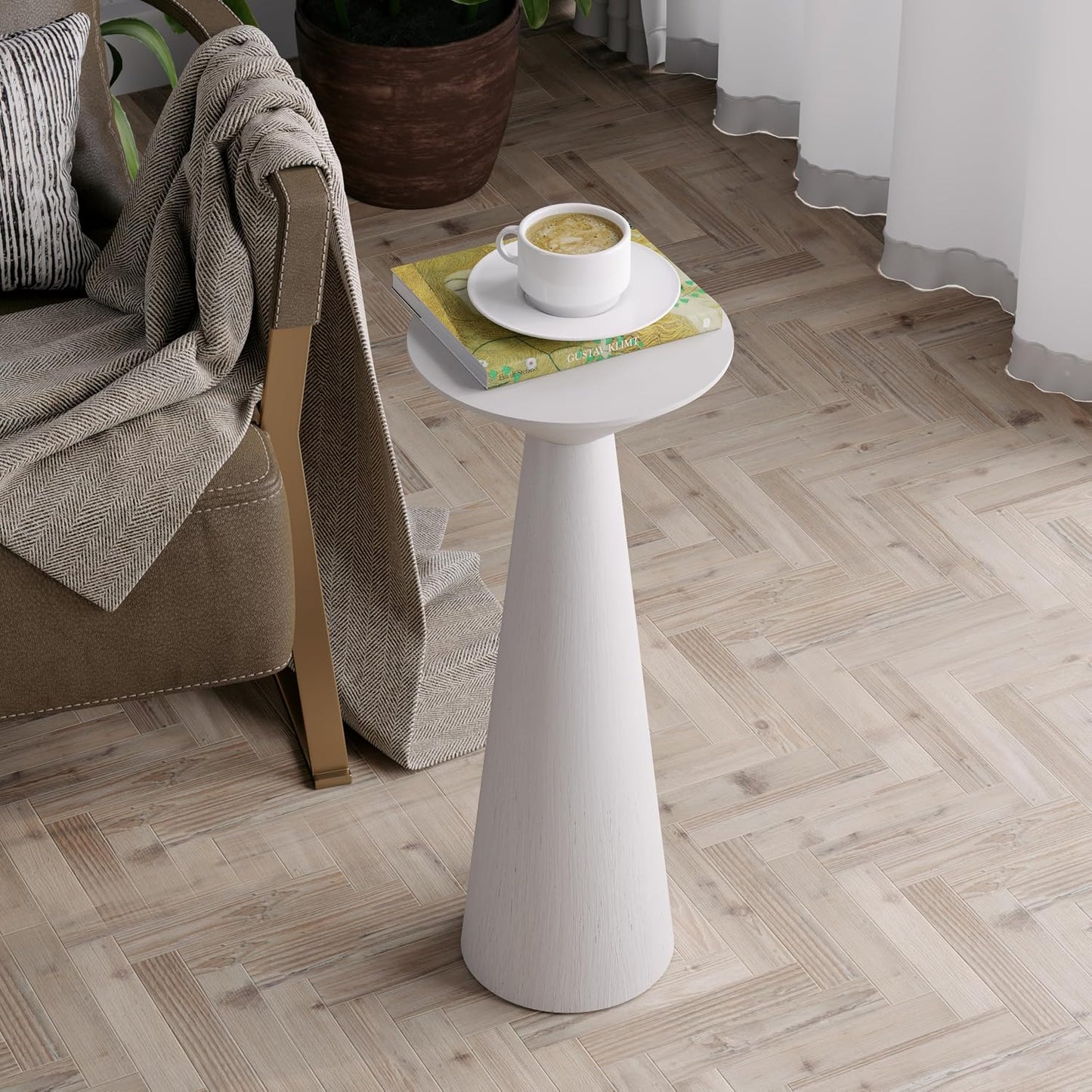Farmhouse Tall Pedestal End Table Small Solid Wood Martini Table Plant Stand Modern Round / White