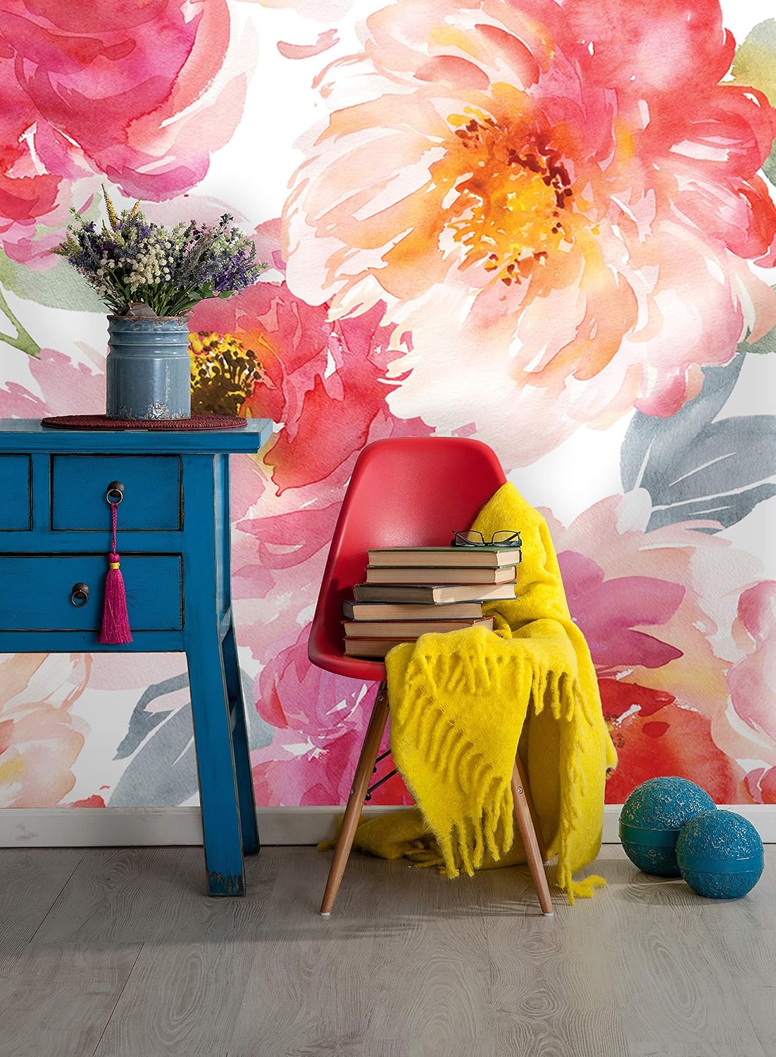 Self Adhesive Watercolor Flowers Wallpaper / 24"W x 72"H Inches