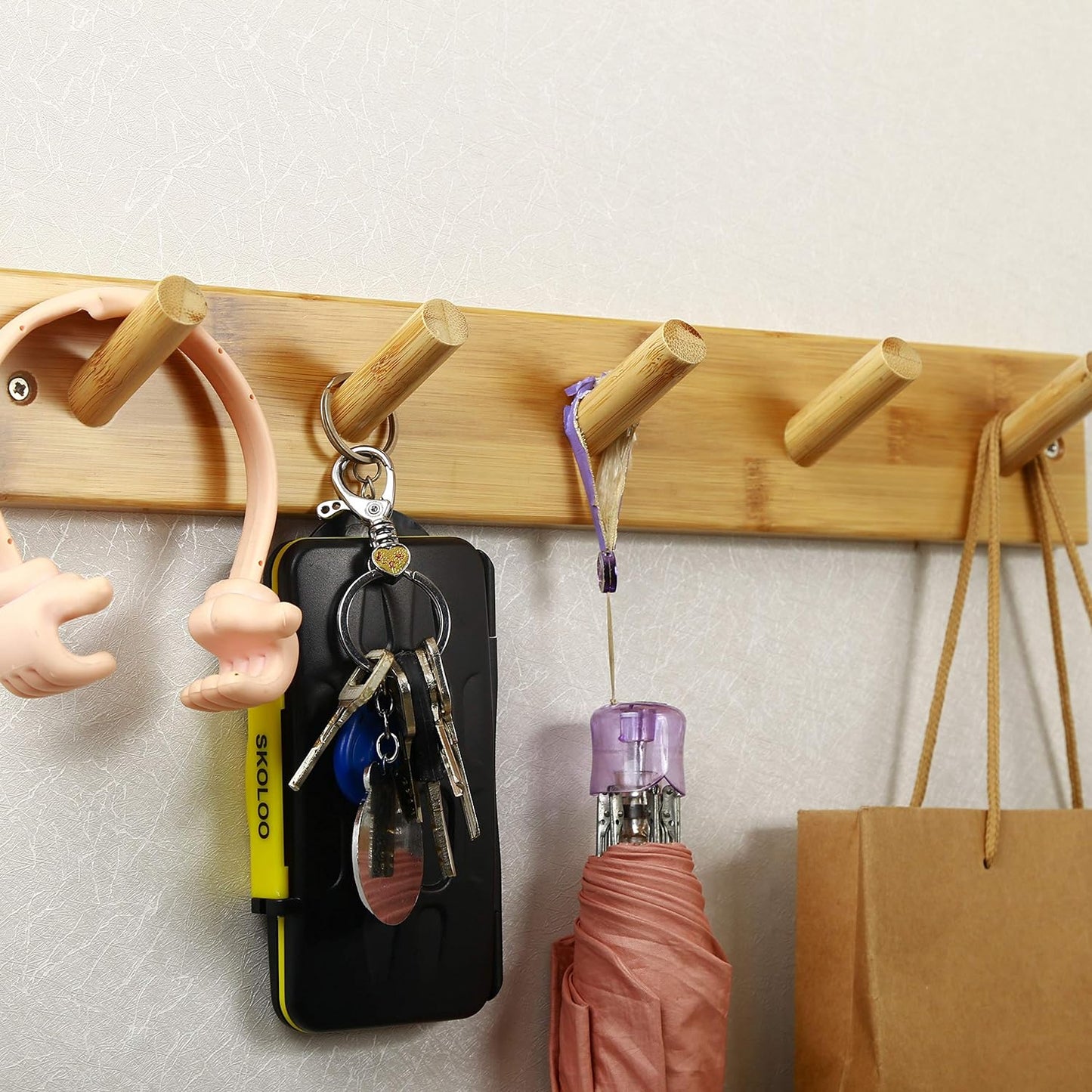 SKOLOO Coat Rack Wall Mount 17 inch, 5 Hooks, Bamboo, Shaker Style, Natural | Wooden hooks for wall, painted finish