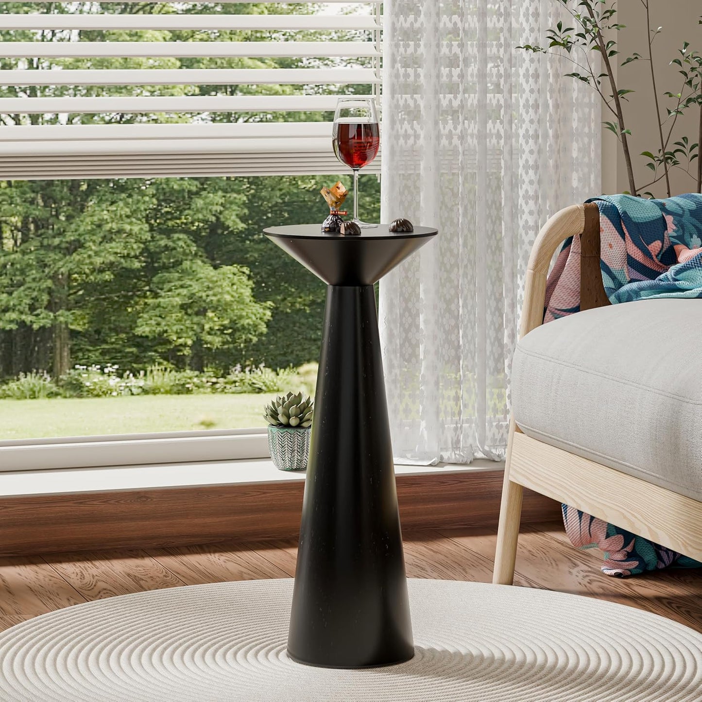 Farmhouse Tall Pedestal End Table Small Solid Wood Martini Table Plant Stand Modern Round / Black