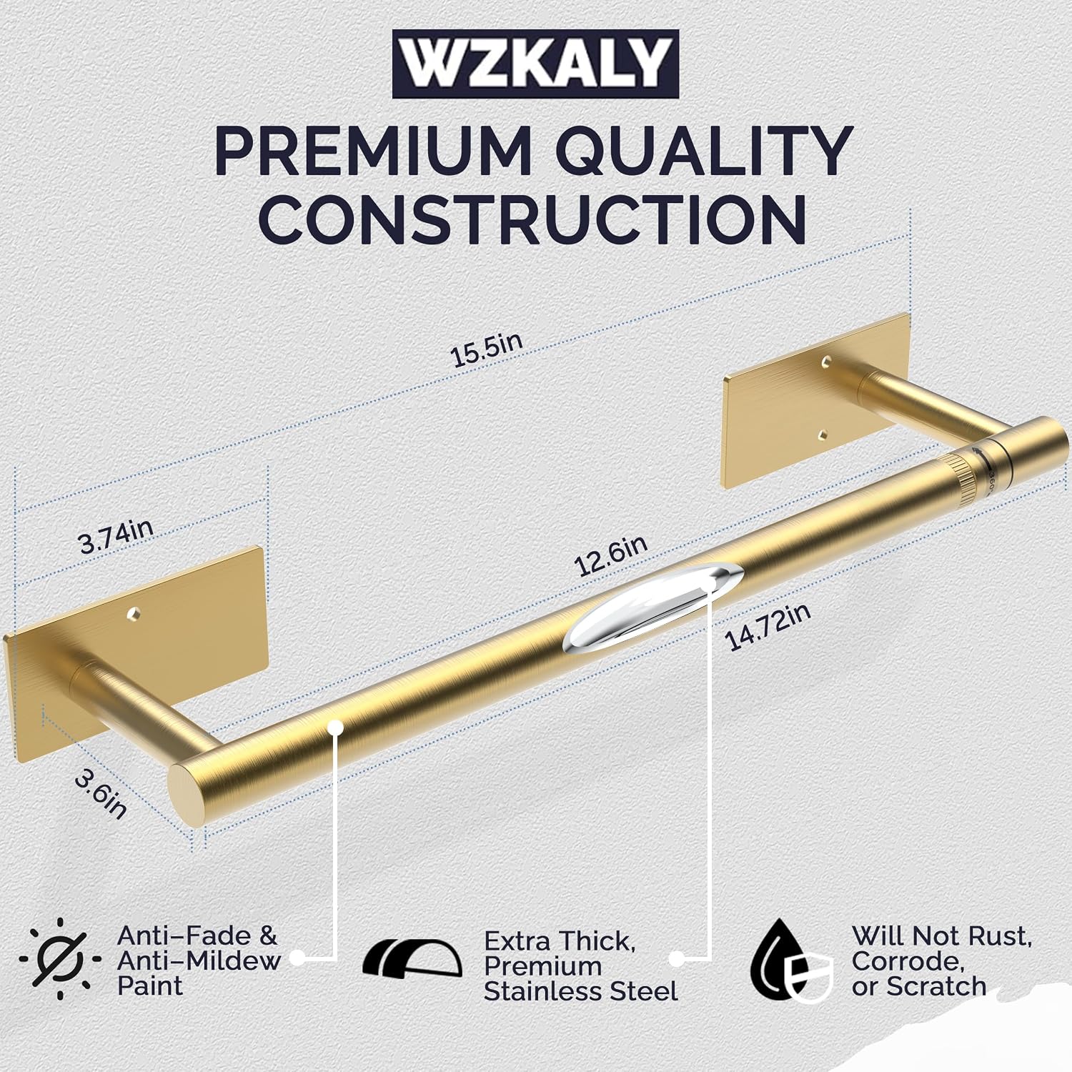 Gold Paper Towel Holder Under Cabinet Self Adhesive or Wall Mount | 304 Stainless Steel Post Pivoting Design No