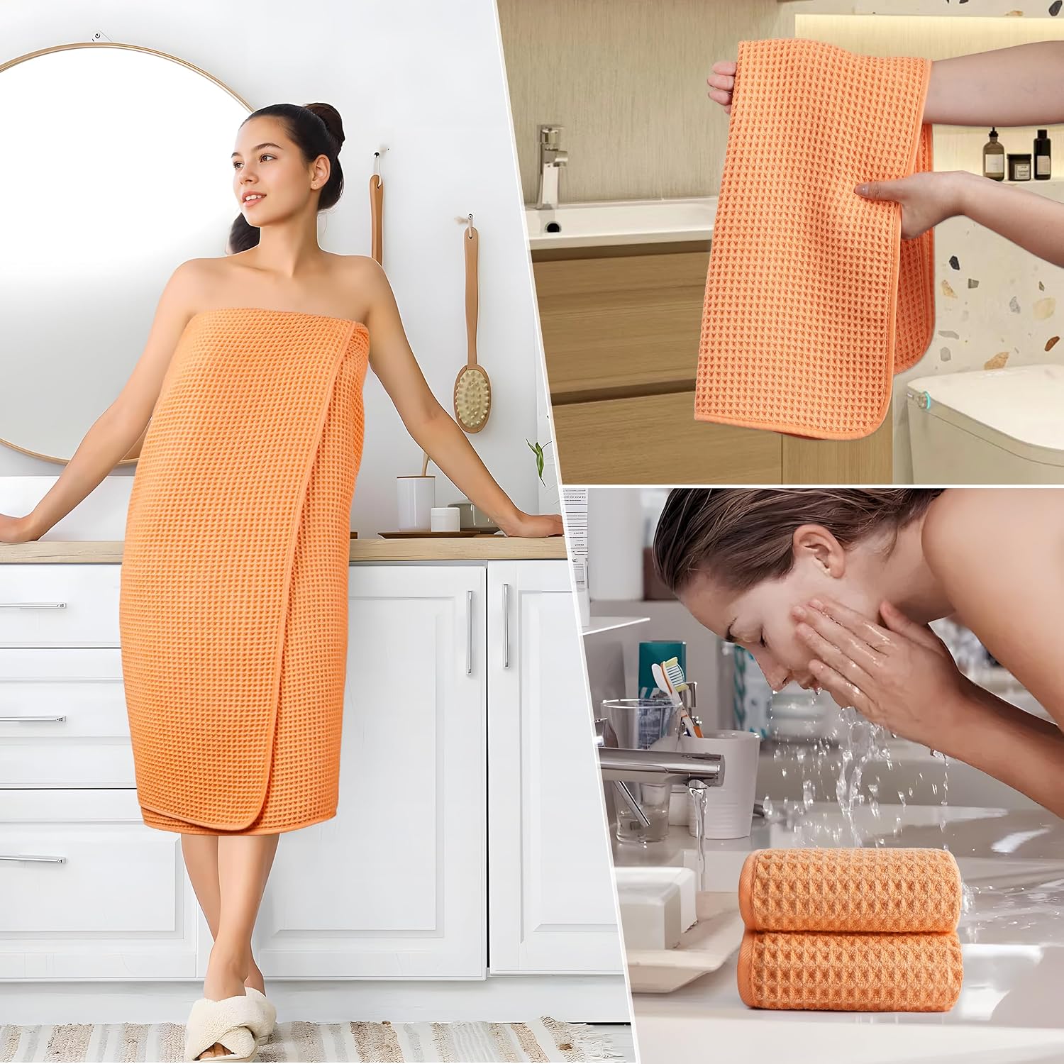 POLYTE 430 GSM Poly Blend Microfiber Quick Dry Waffle Bath Towel Set of 6 | 2-Body Towels, 2-Hand Towels, 2-Wash