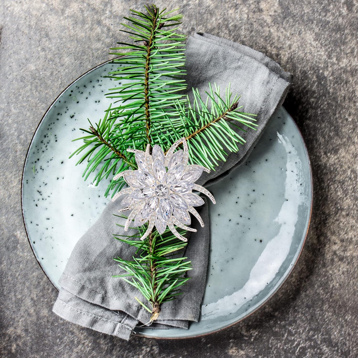 Christmas Flower Napkin Rings Set of 12, Silver Lotus Elegant Rhinestone Napkin Ring Serviette Buckles Holder for