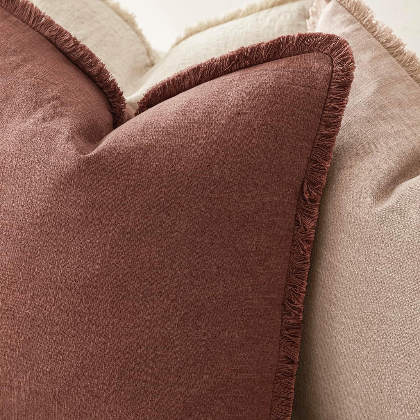 Decorative Linen Fringe Throw Pillow Covers Boho Farmhouse / 18 x 18 / Autumn Glaze / Set of 2