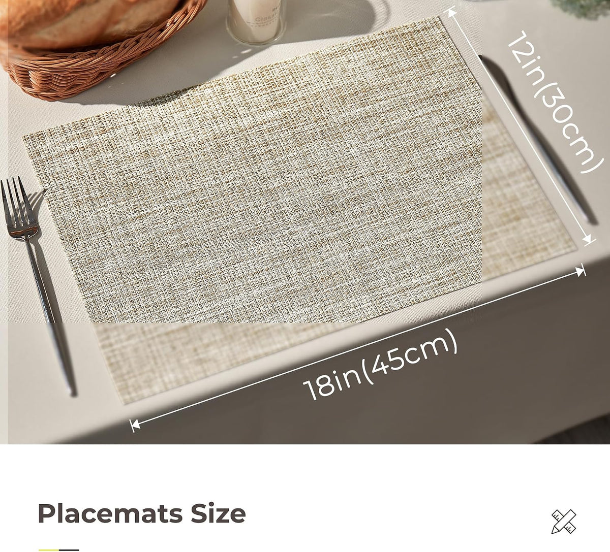 Leetaltree Woven Vinyl Placemats Set of 12,Beige and Gold | High Density，Stain Resistant, Easy to Clean, Washable Table
