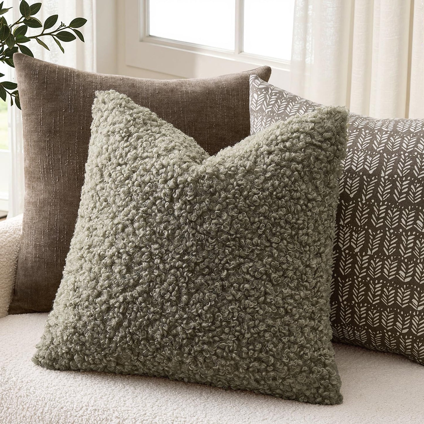 Teddy Faux Fur Throw Pillow Covers Soft Fuzzy Sherpa Sheepskin / Olive Green / 18 x 18 / Set of 2