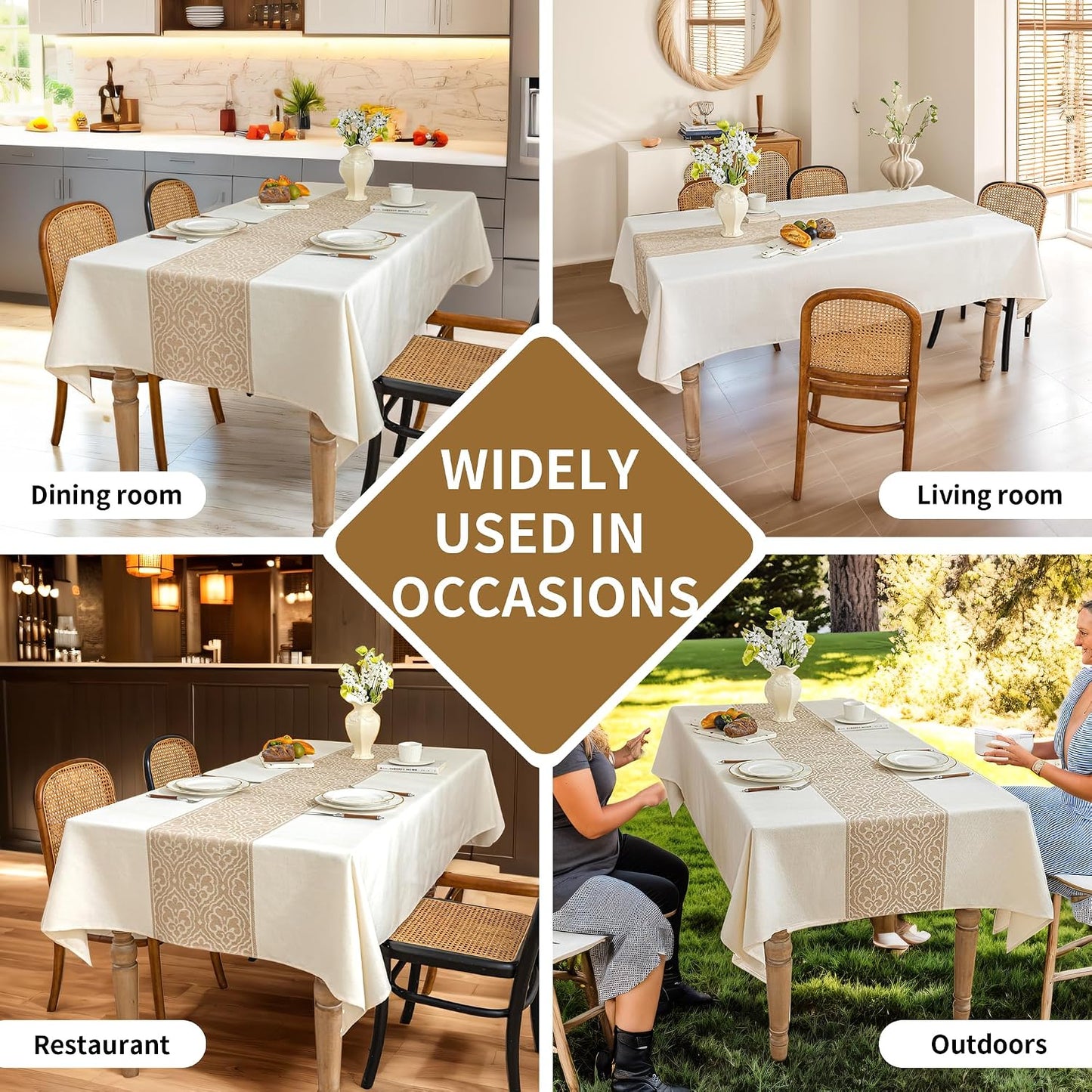 Nordic Beige Rectangular Tablecloth, Premium Drape | Water & Stain Resistant, Elegant Rectangle Table Cover for Dining