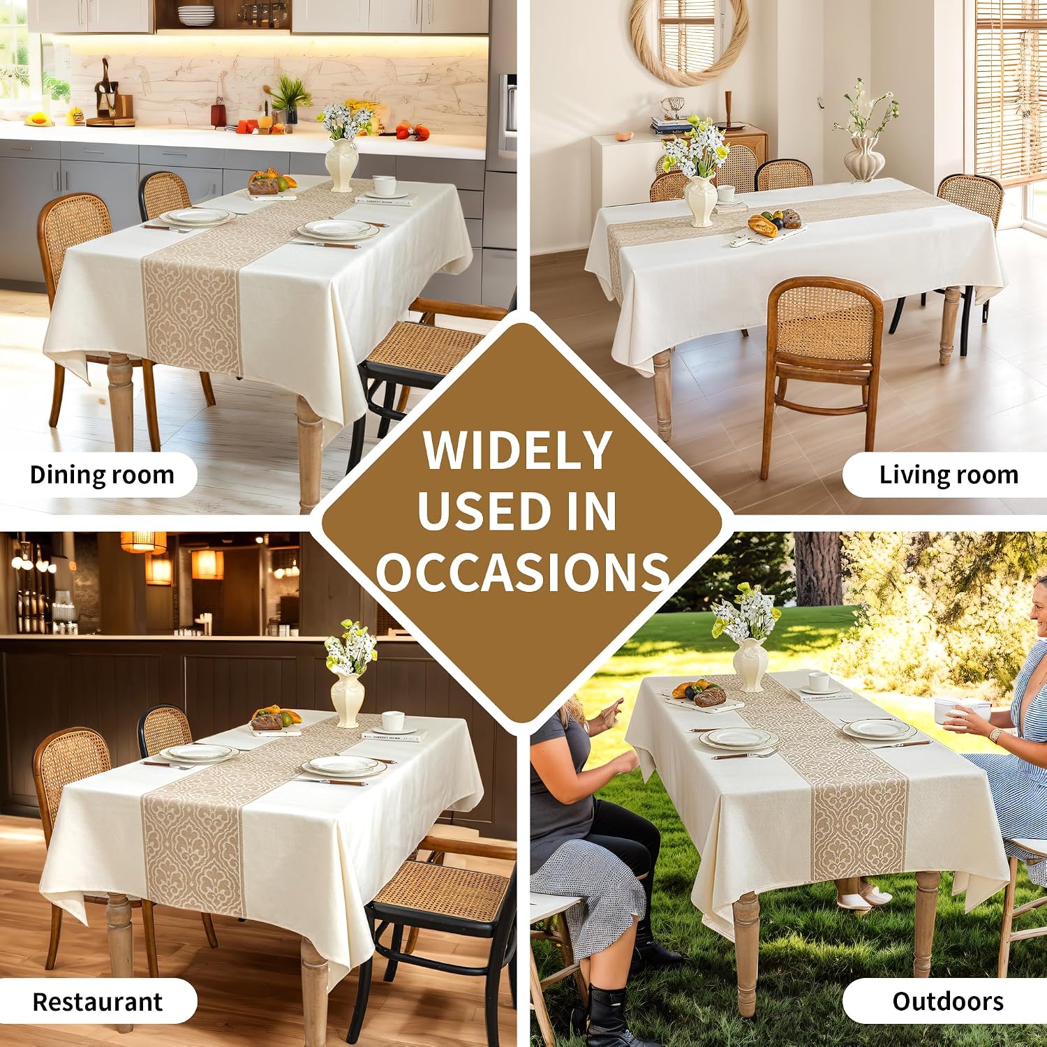 Nordic Beige Rectangular Tablecloth, Premium Drape | Water & Stain Resistant, Elegant Rectangle Table Cover for Dining