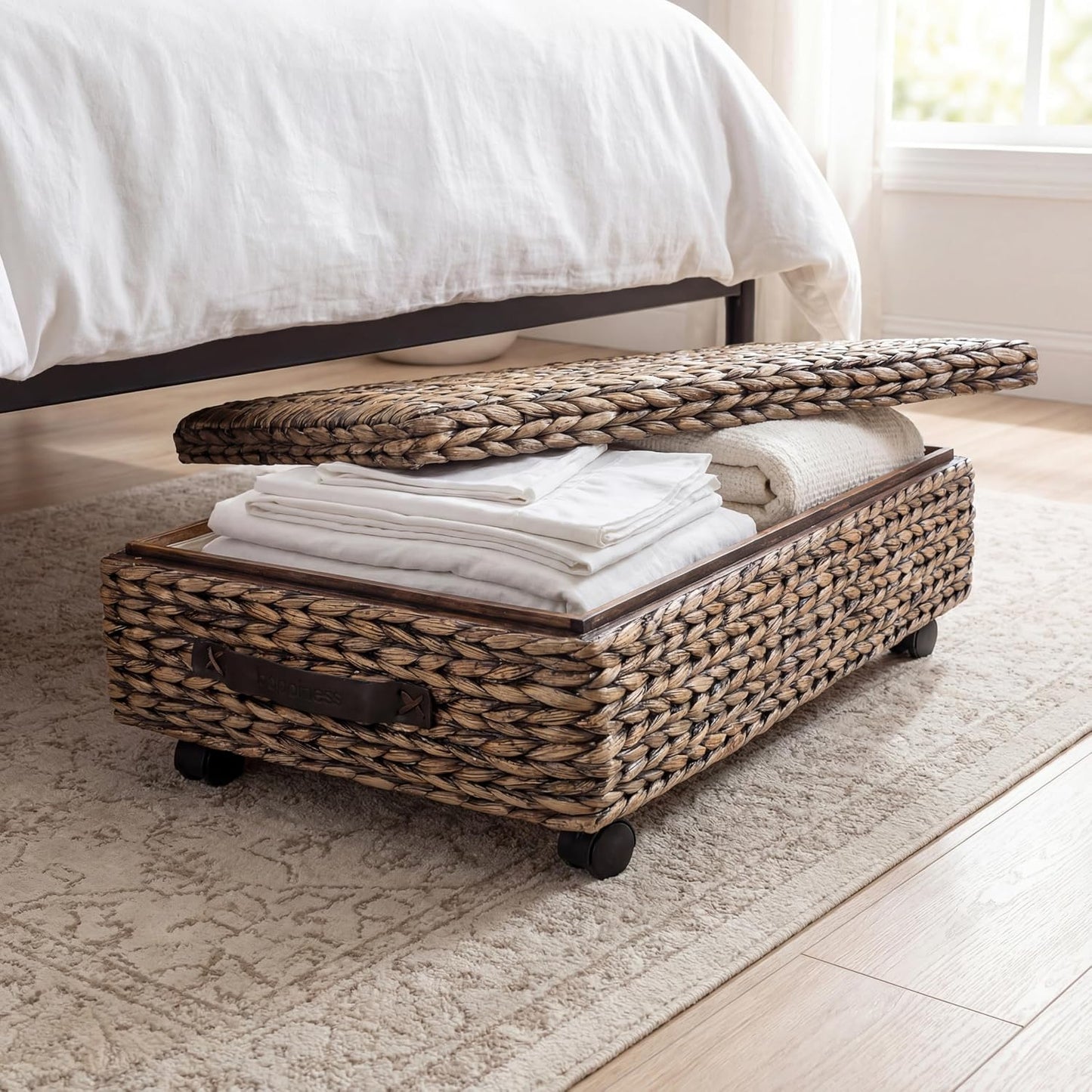 BSK1006B 26.38" Chett Minimalist Hand-Woven Hyacinth/Wood Underbed Storage Bin / Brown Wash