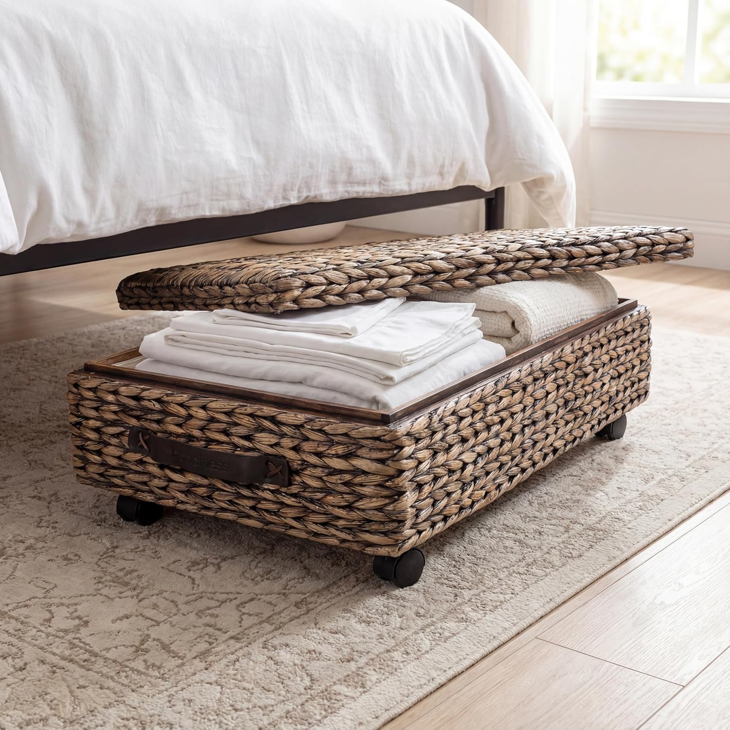 BSK1006B 26.38" Chett Minimalist Hand-Woven Hyacinth/Wood Underbed Storage Bin / Brown Wash