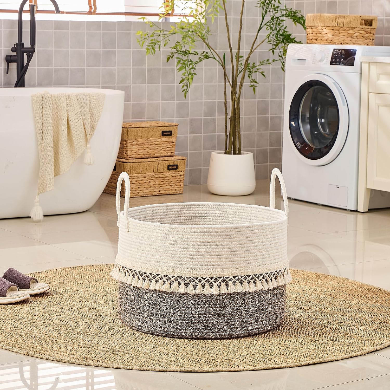 Pillows / Cotton Rope Storage Basket / Beige Fringe / 20 x 13