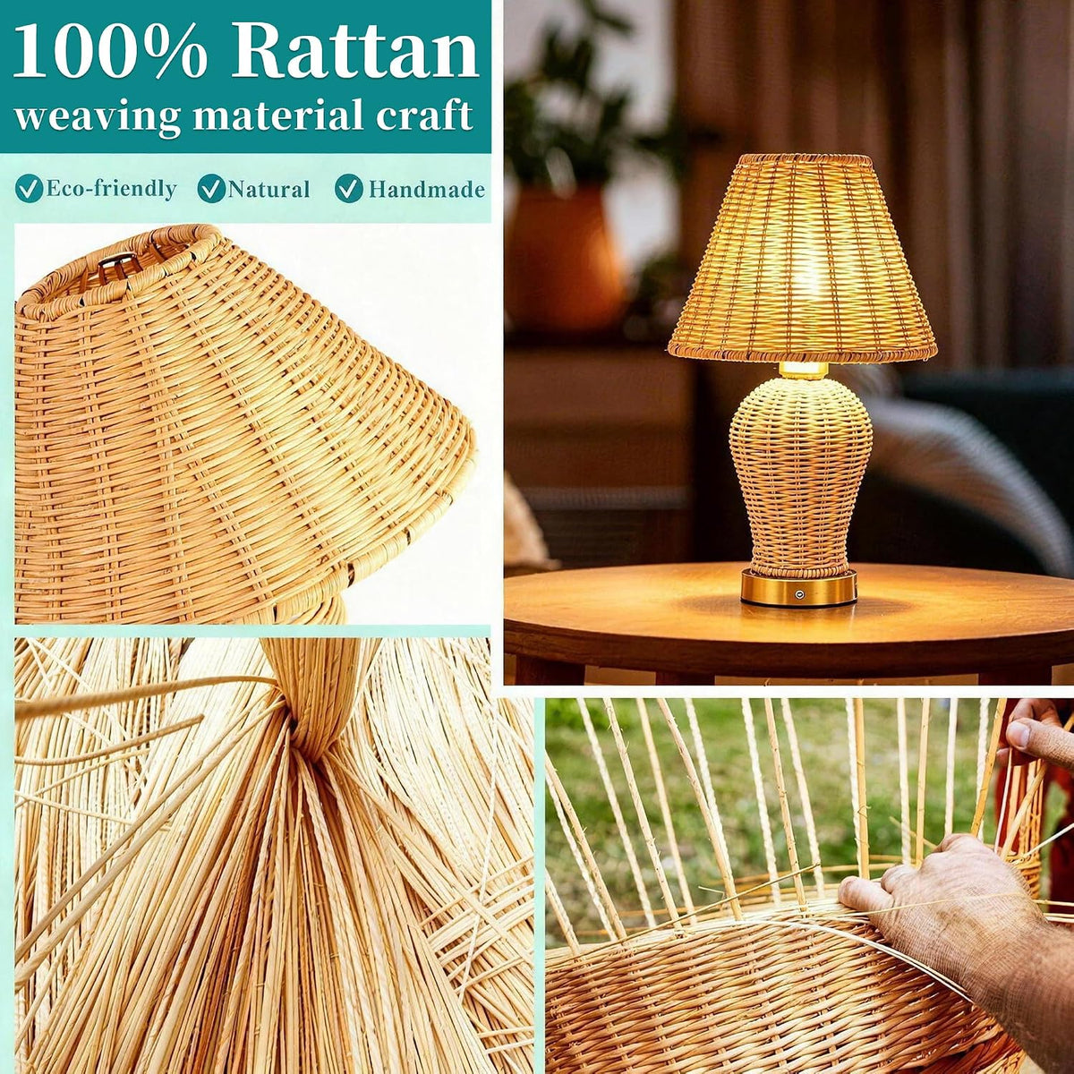 Boho Rattan Rechargeable Cordless Table Lamp, Touch Dimmable Battery Operated Table Light, for Patio Restaurant Kitchen