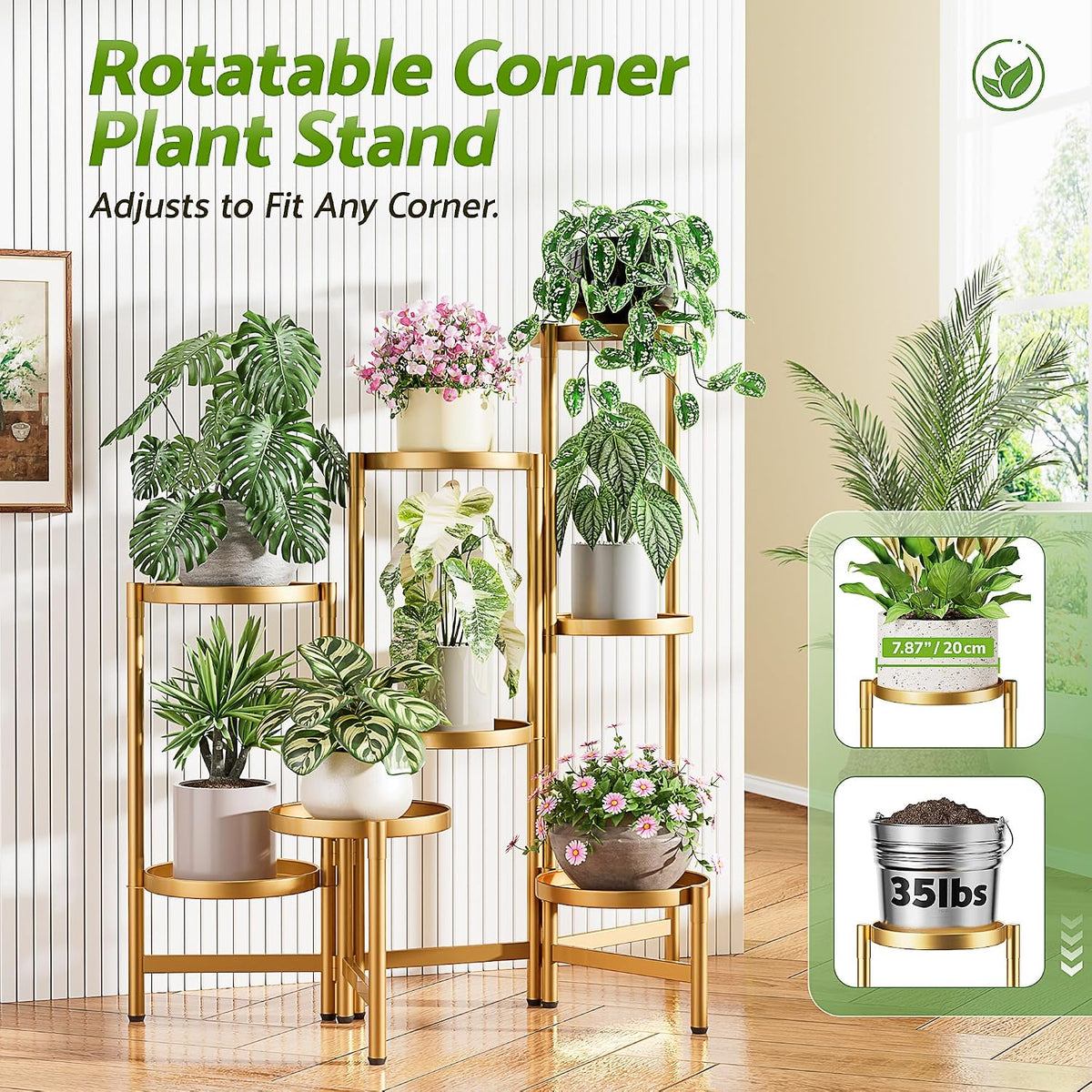 Gold Plant Stand, 8 Tiered Plant Stand Indoor for Multiple Large Planter, Tall Heavy Duty Adjustable Folding Rack with