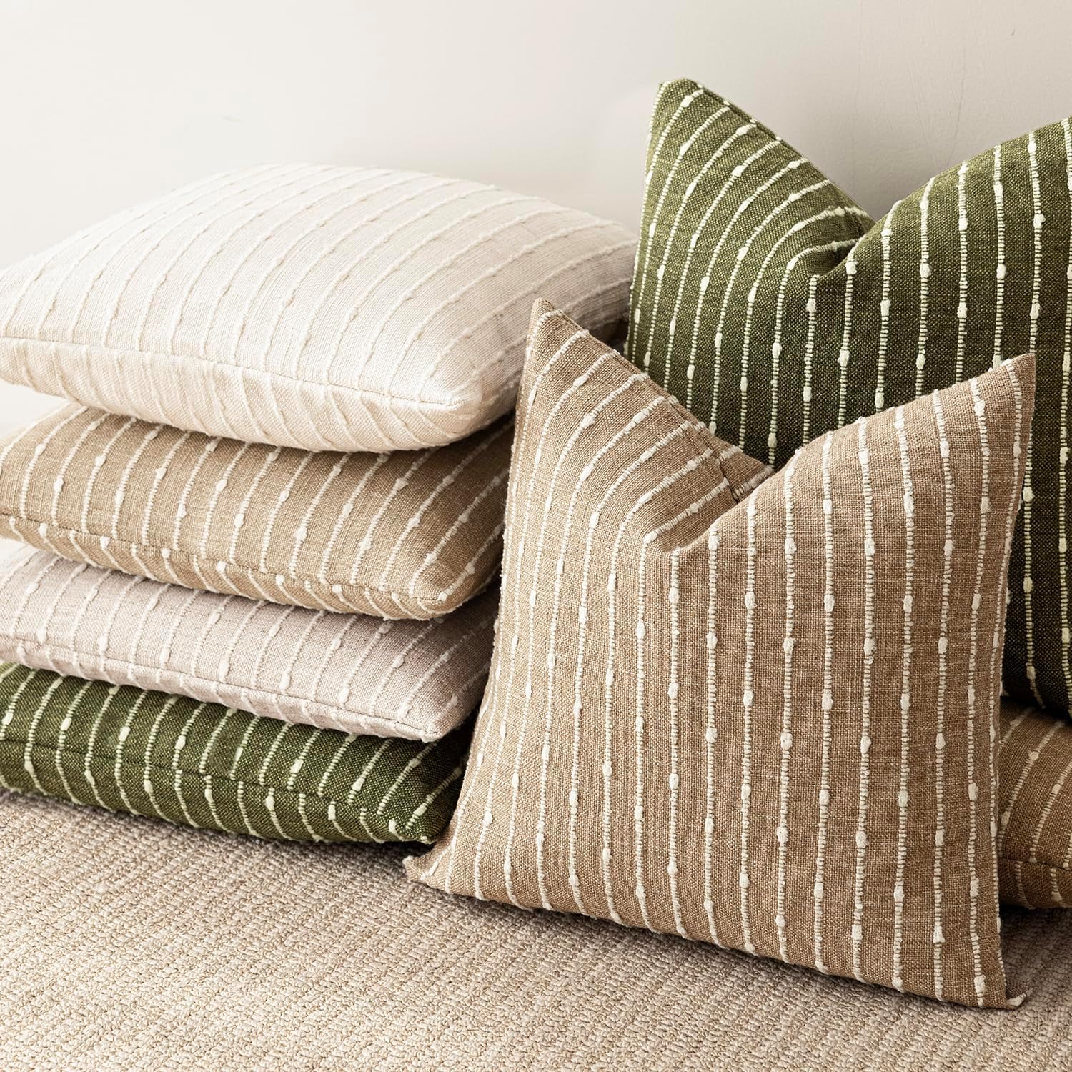 Decorative Jacquard Boucle Throw Pillow Covers Accent Textured / 18 x 18 / Olive Green / Set of 2