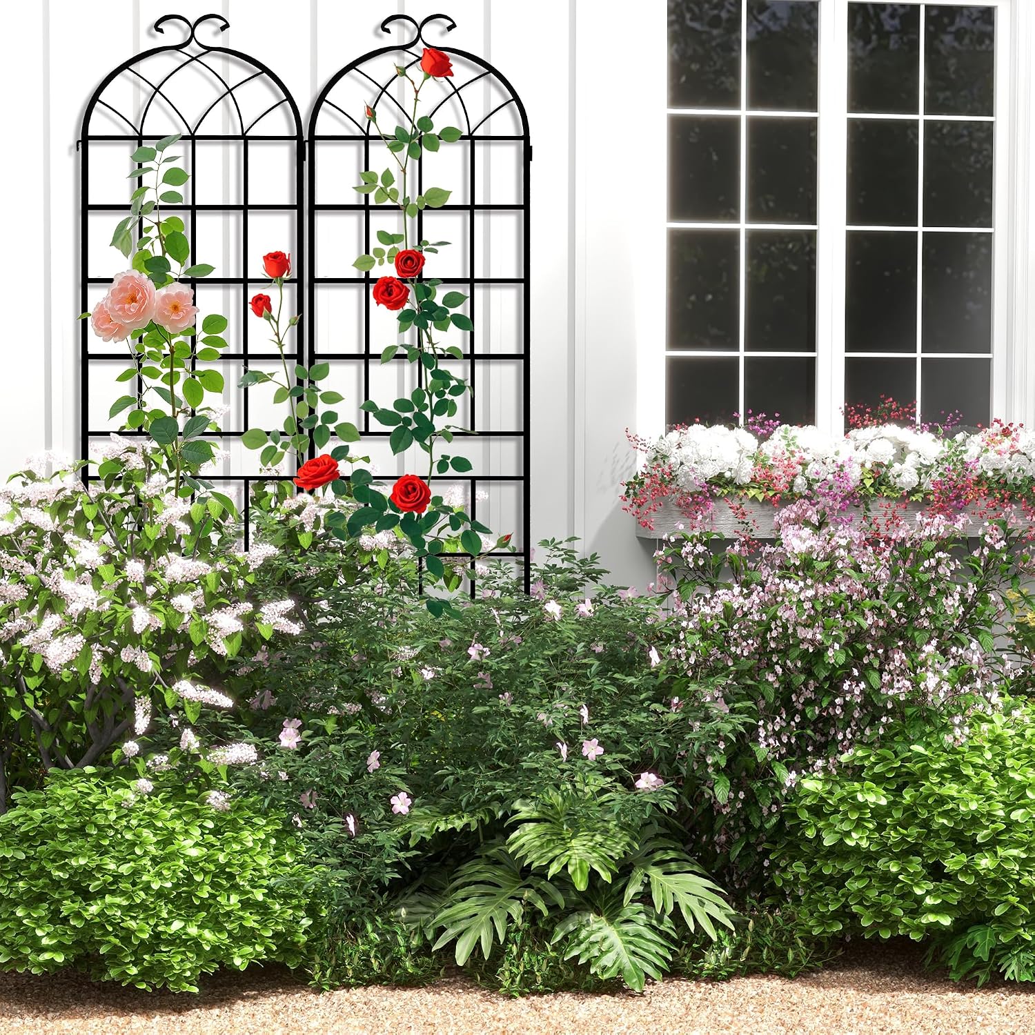 82.7 x 40in Rustic Iron Arch Decoration Garden Trellis with Black Metal Coating – Perfect for Supporting Climbing