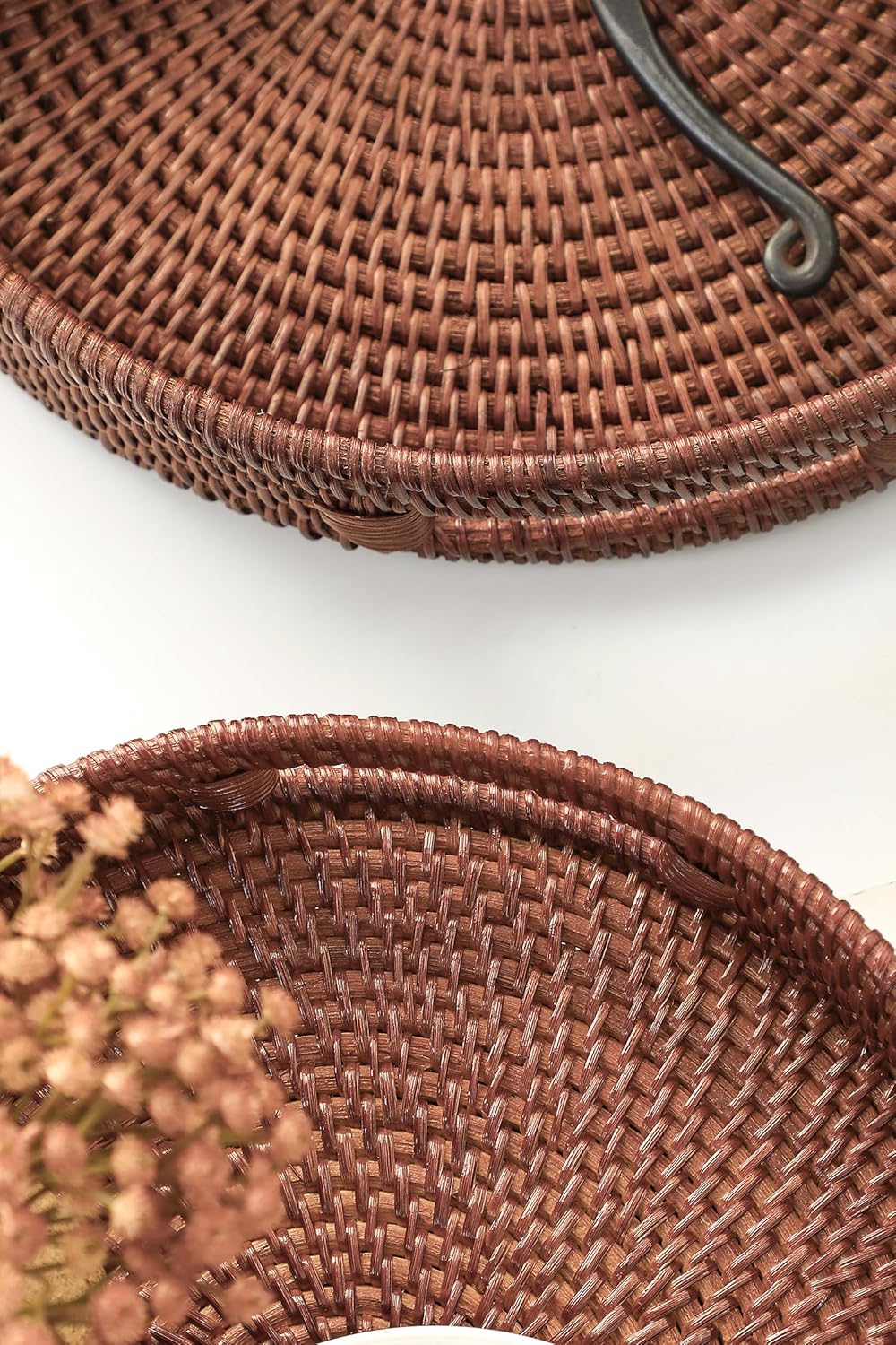 11.8" Hand-Woven Round Rattan Serving Tray Decorative Wicker Trays / Medium / Brown
