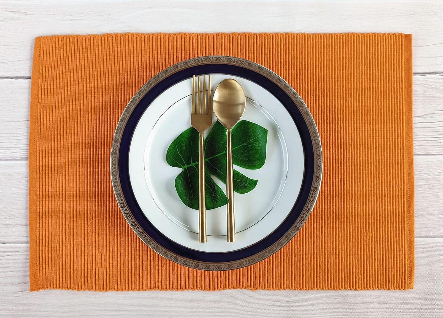 100% Cotton Ribbed Placemats - Set of 4-13 x 19 Inches - Orange - Everyday/Fall/Thanksgiving/Halloween Cloth Table Mats
