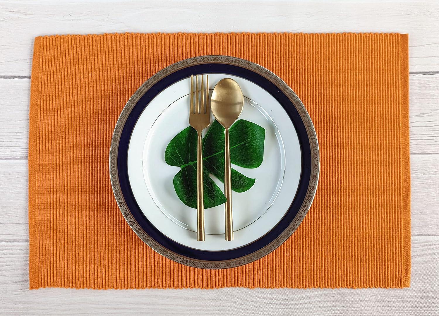 100% Cotton Ribbed Placemats - Set of 4-13 x 19 Inches - Orange - Everyday/Fall/Thanksgiving/Halloween Cloth Table Mats
