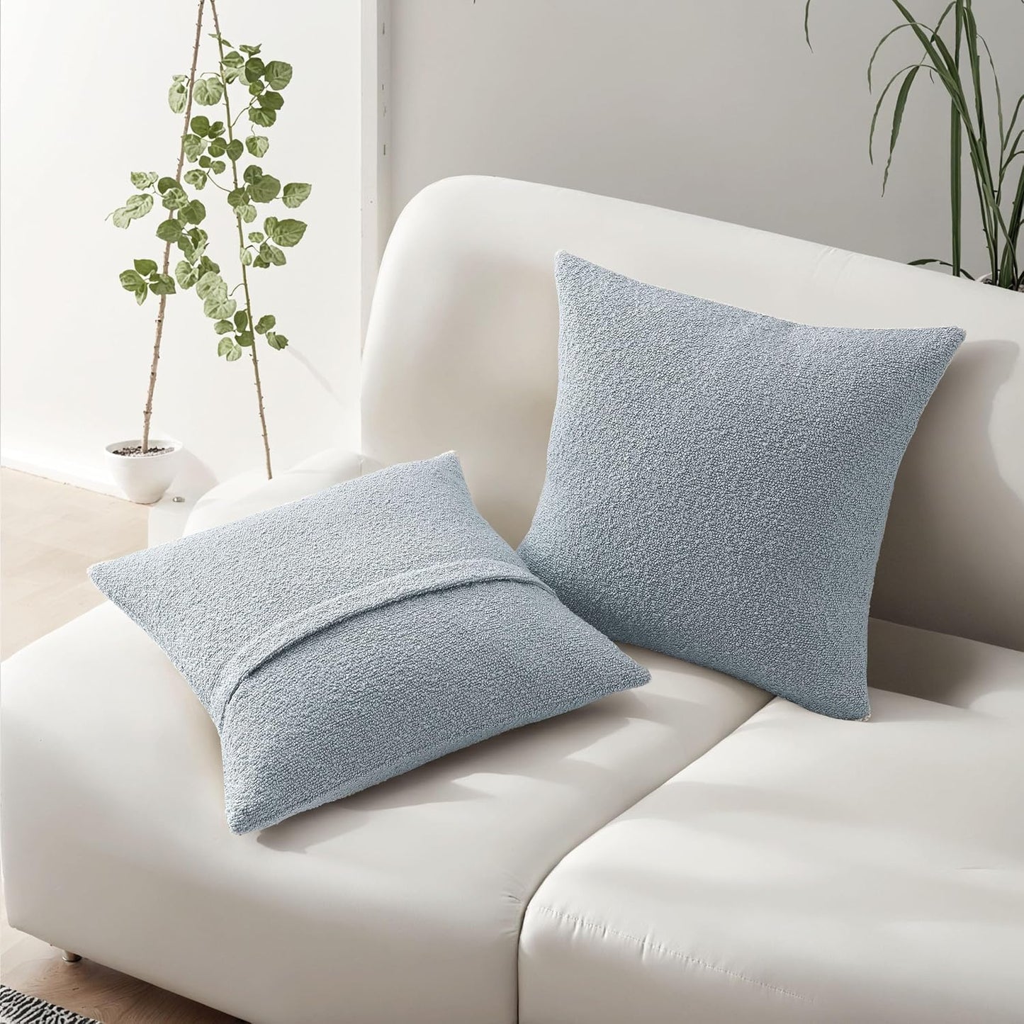 Boucle Decorative Throw Pillows Soft Boho Neutral Cushion Covers / Dusty Blue / 18 x 18 / Set of 2