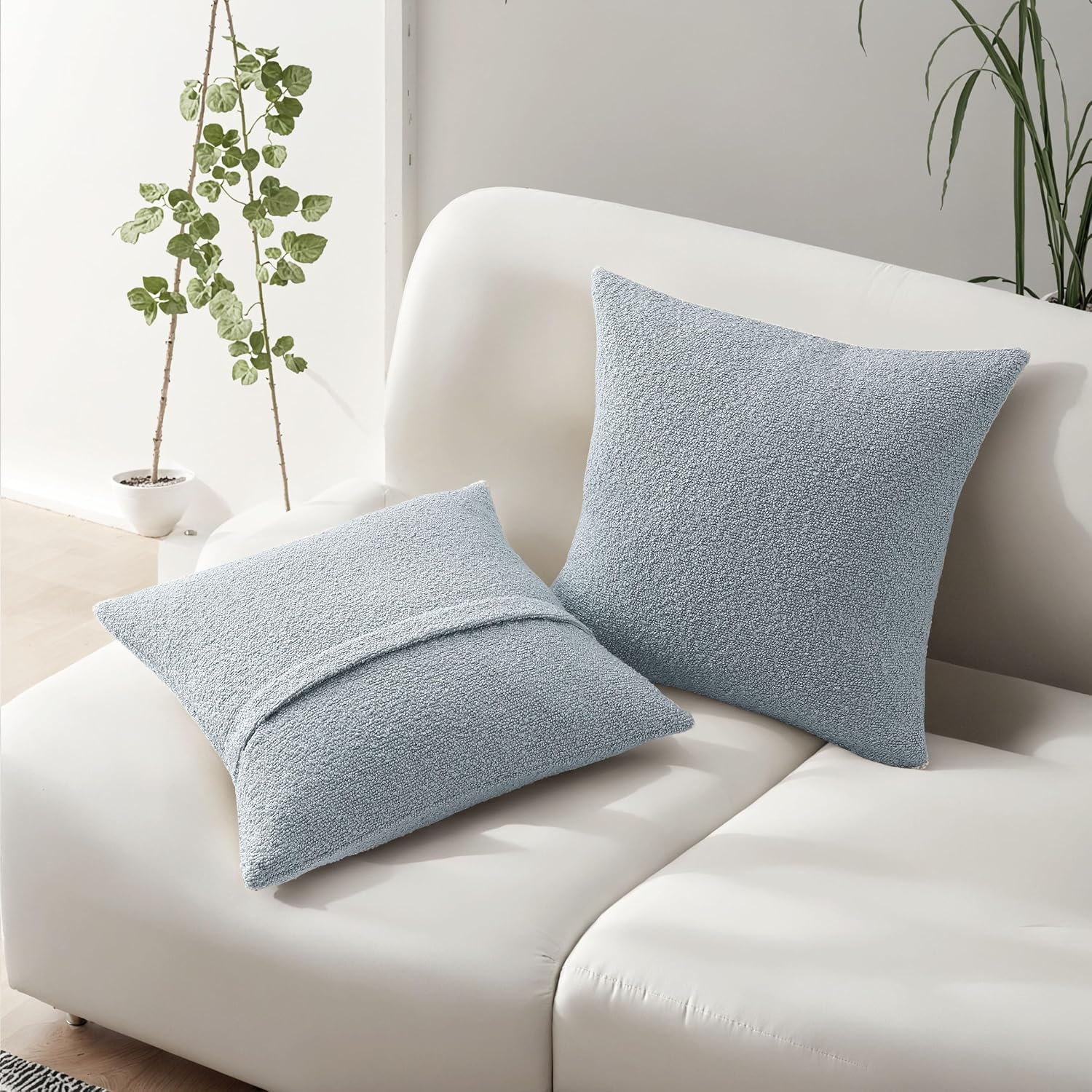 Boucle Decorative Throw Pillows Soft Boho Neutral Cushion Covers / Dusty Blue / 18 x 18 / Set of 2