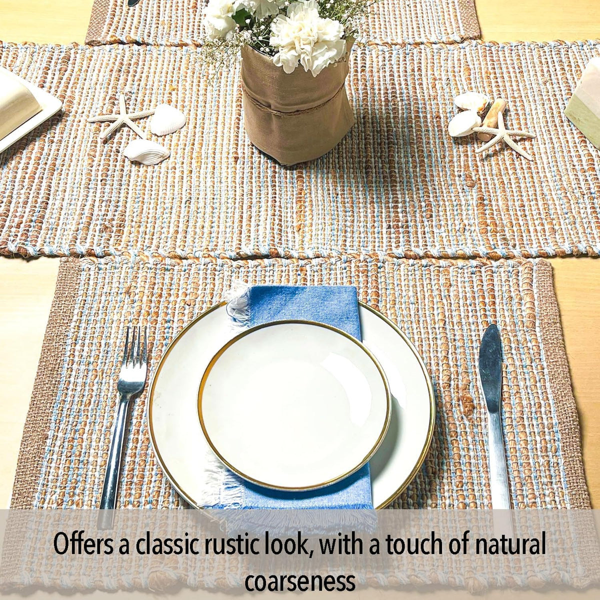 Natural Jute Placemats, Sky Blue-White, Set of 4, 13x19 in | Rustic Handmade Boho Table Mats, Kitchen, Everyday Meals