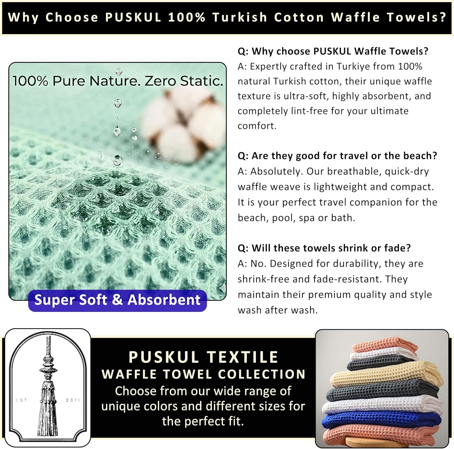 PÜSKÜL Natural 100% Turkish Cotton Waffle Bath Towels Set of 2, Extra-Large | Pink Powder, Oversize 32x63" Bath sheet