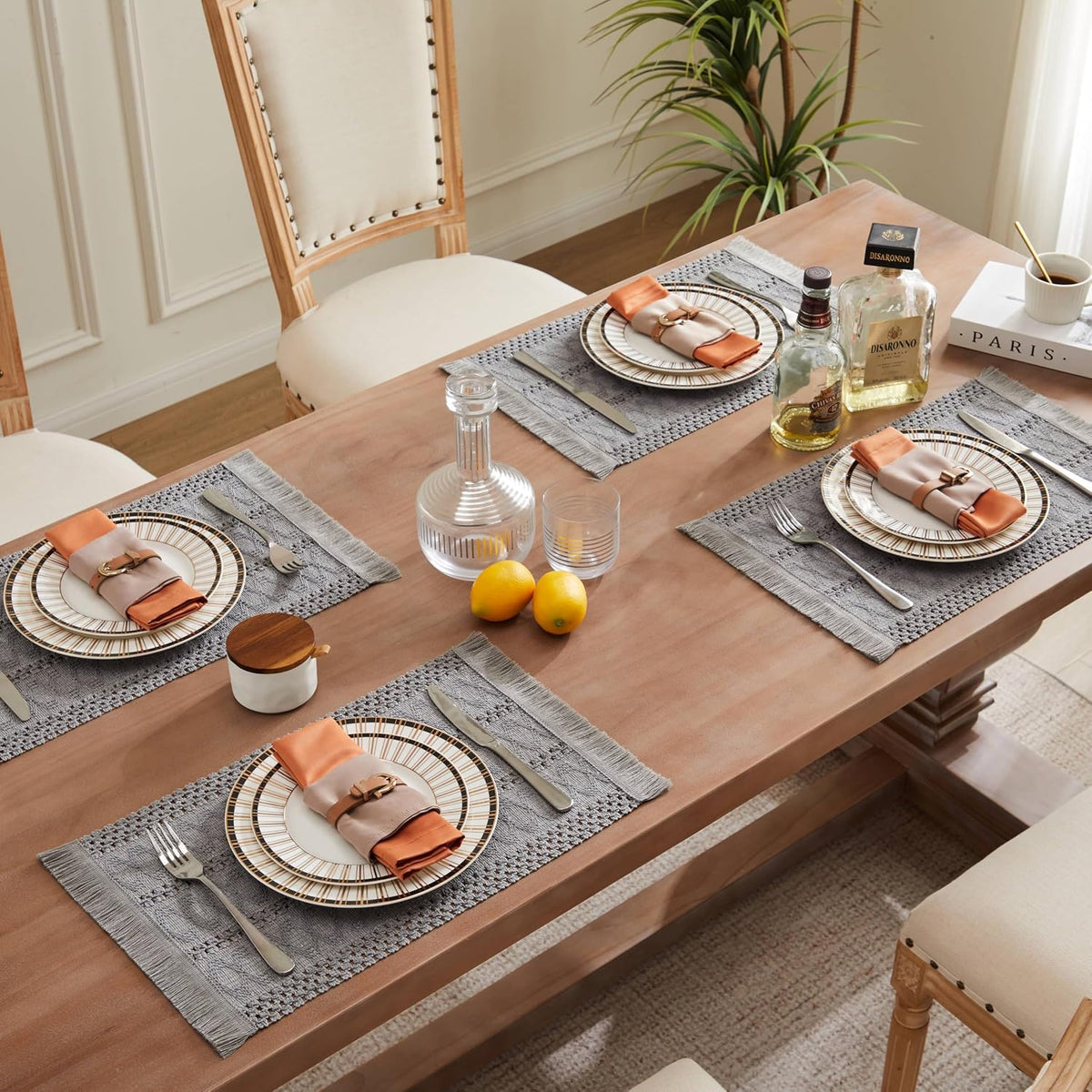 Macrame Style Boho Placemats Set of 6, Grey 12x20 Inch | Decorative Farmhouse Table Mats, Natural Cotton Woven Place