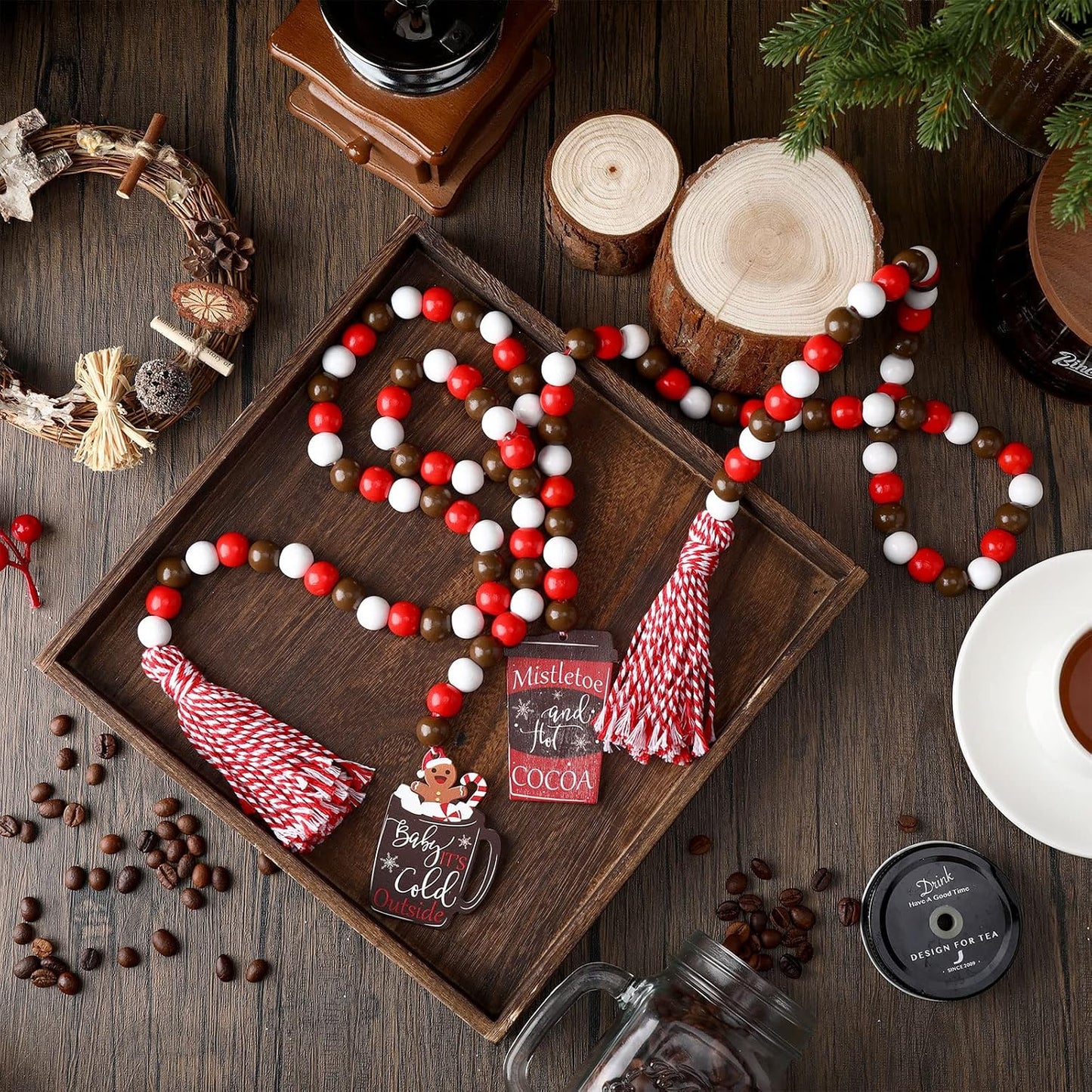 Christmas Wood Bead Garland Christmas Hot Cocoa Tiered Tray Decor Farmhouse Wall Hanging / Set of 2