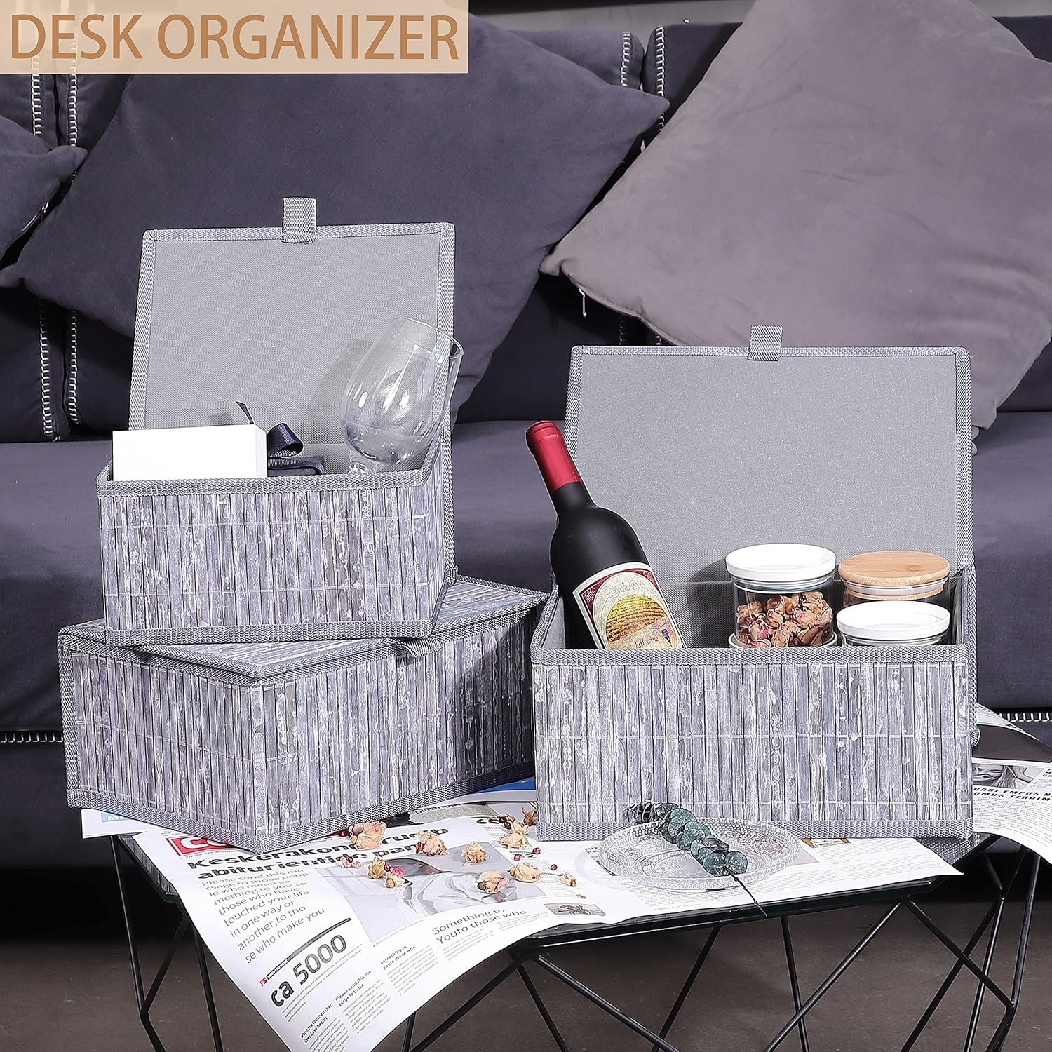 Woven Lined Storage Basket / Gray Marble / Set of 3