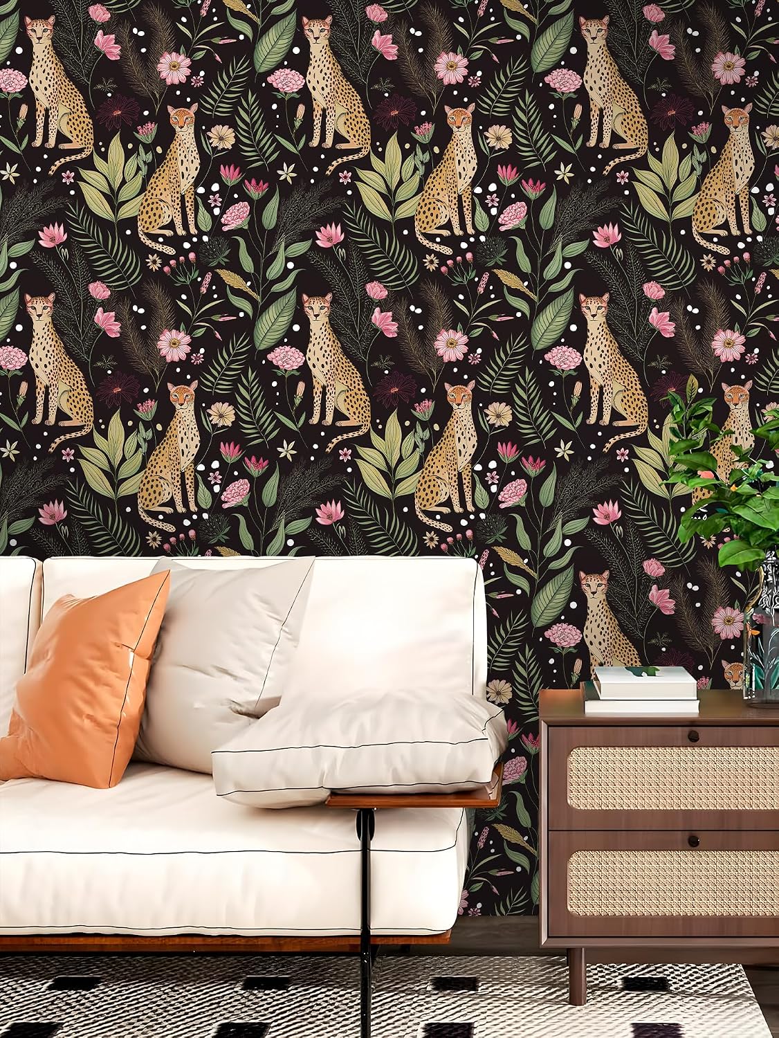 Peel and Stick Wallpaper Jungle Leopard Wallpaper Removable Floral Wallpapers / Black / 17.5 x 118