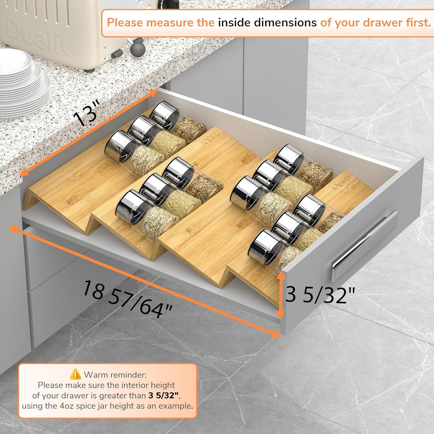 AMBIRD Bamboo Spice Drawer Organizer with Non-slip Mat, 4 Tier Jar Spice Rack Tray 13'',Seasoning Organizer for