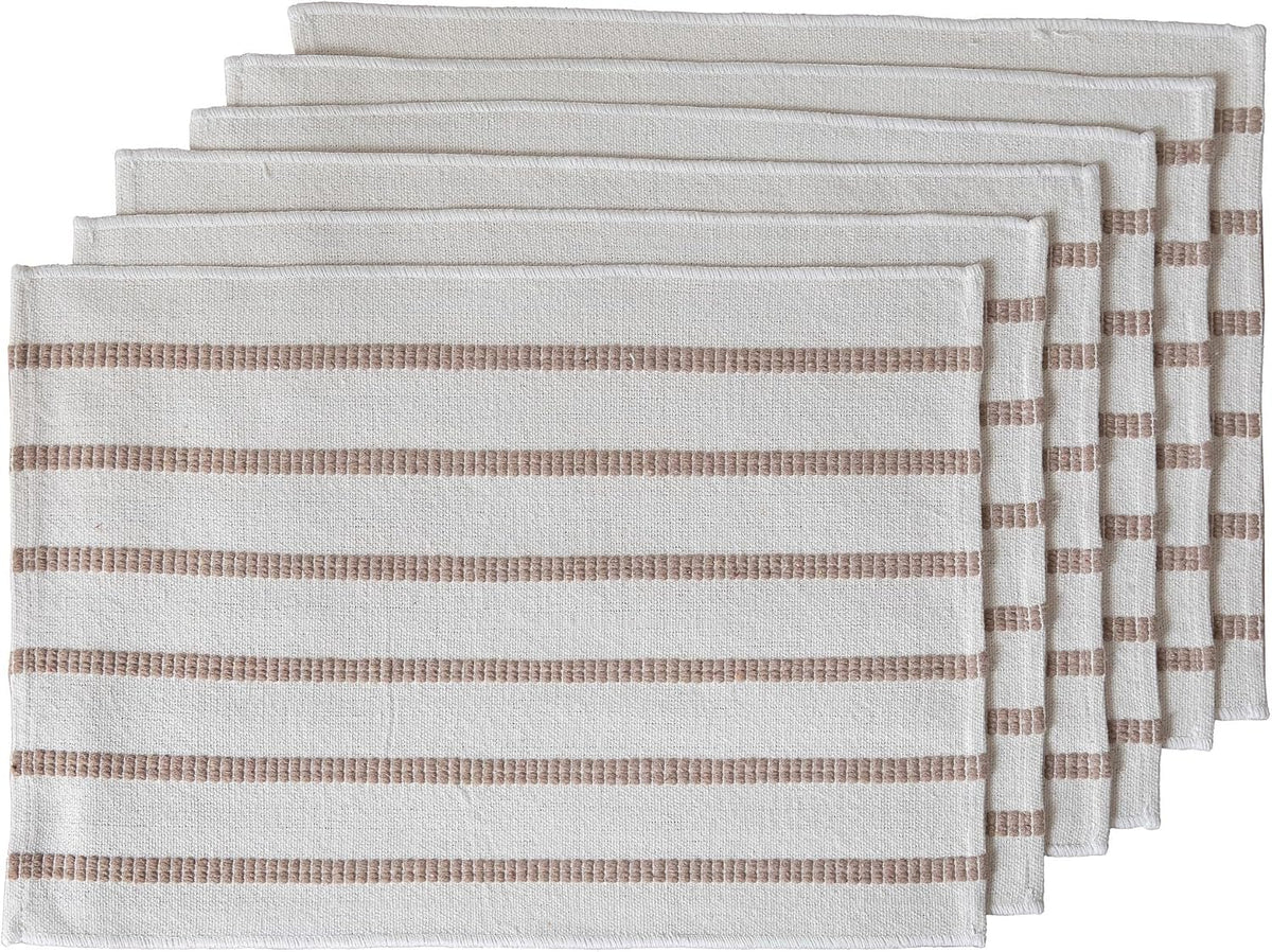 Caflife Boho Farmhouse Placemats Set of 6, Taupe Stripes Cotton Linen Woven Table Mats for Modern Dining Table, 13x19