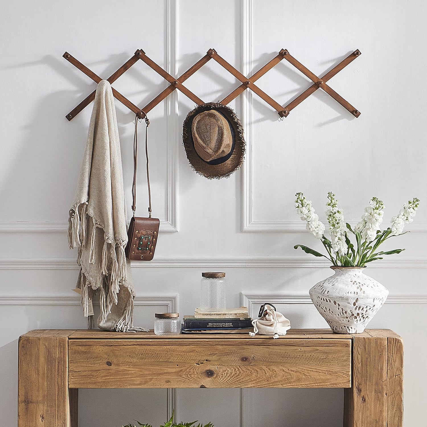 SKOLOO Hat Rack for Wall with 14 Hooks, Pack of 2, Solid Wooden, Modern, Expandable Coat Rack Wall Mount for Coats