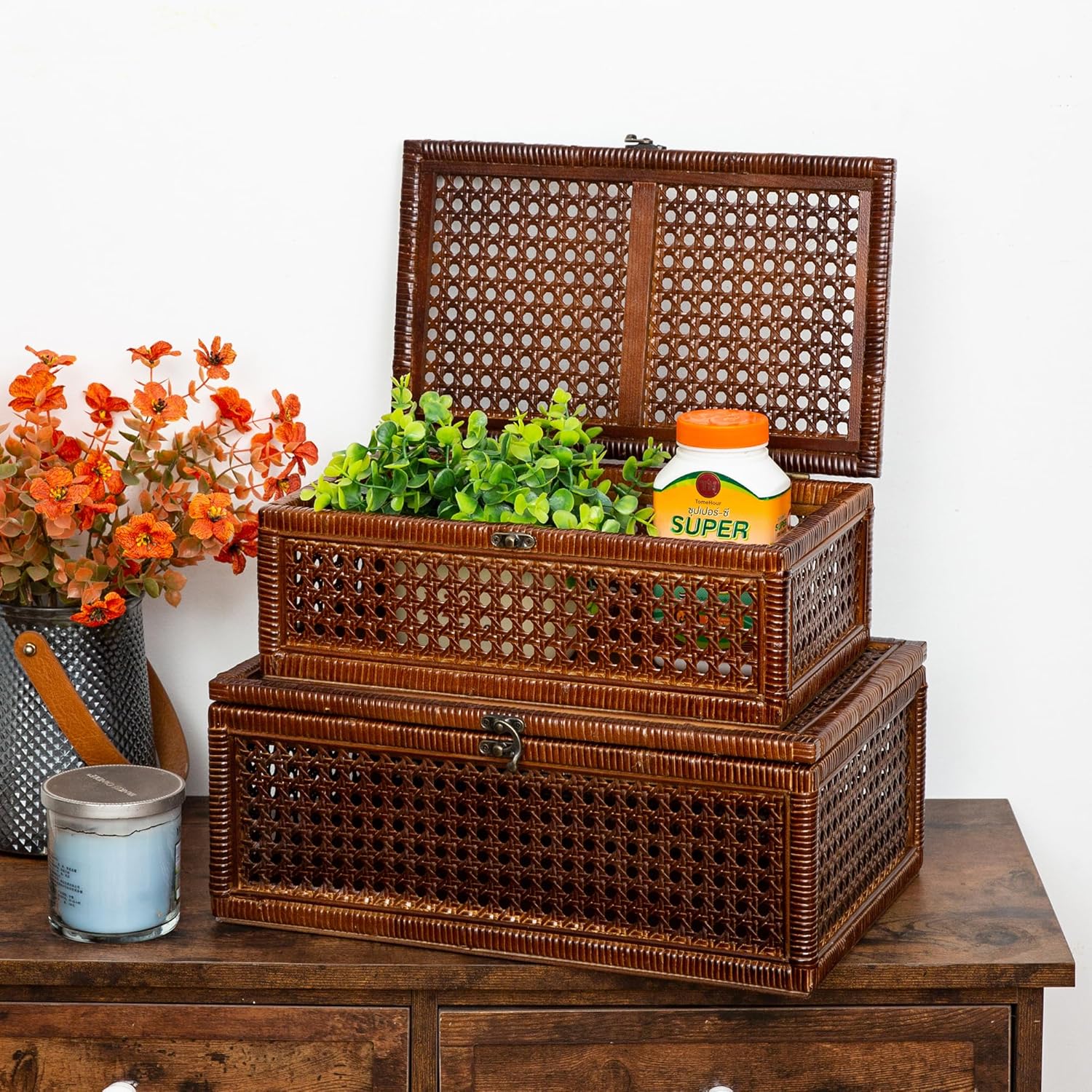 rattan boxes / handmade large rattan box / Natural / Set of 2