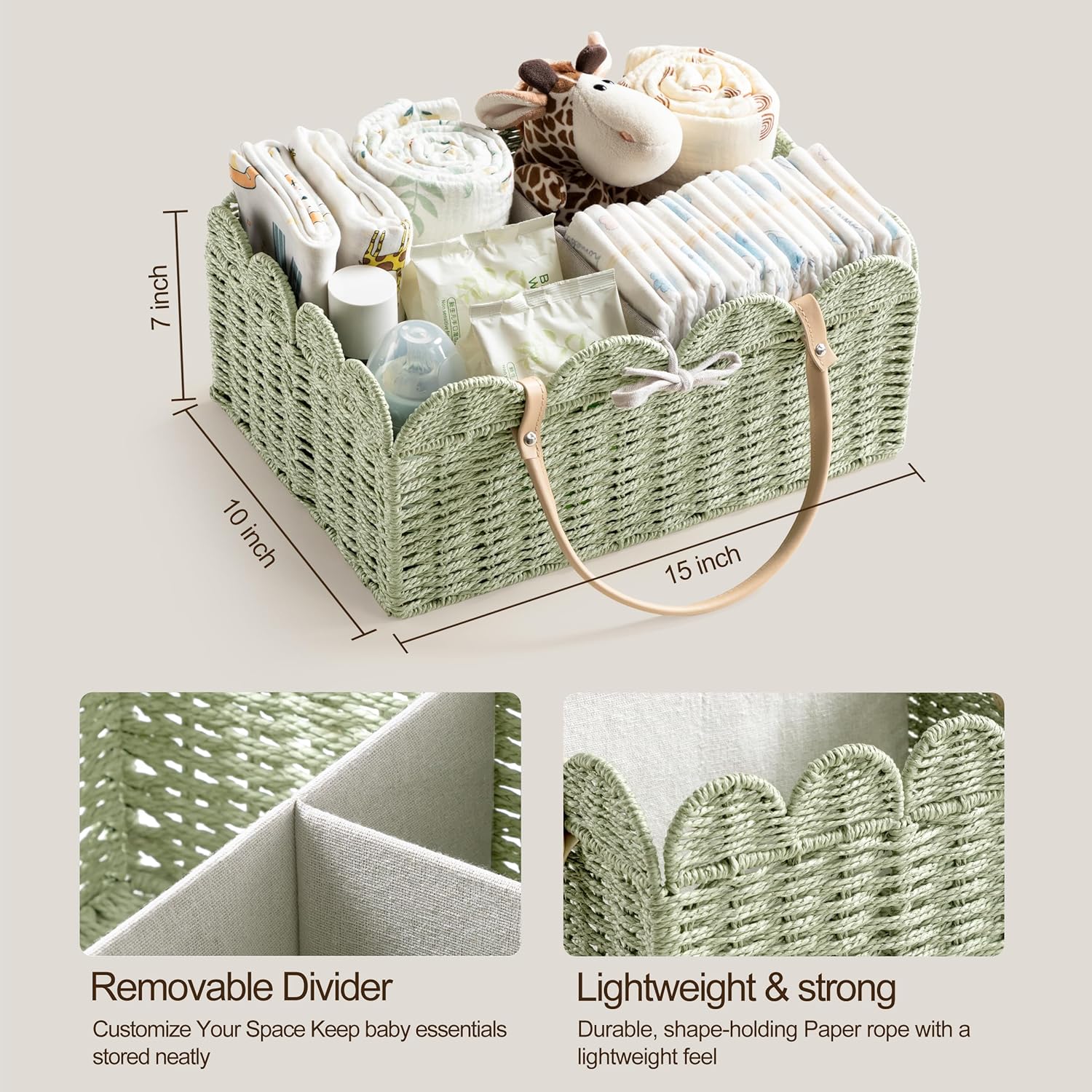 Paper Rope Scalloped Storage Baskets Nursery Bin / Green / Large