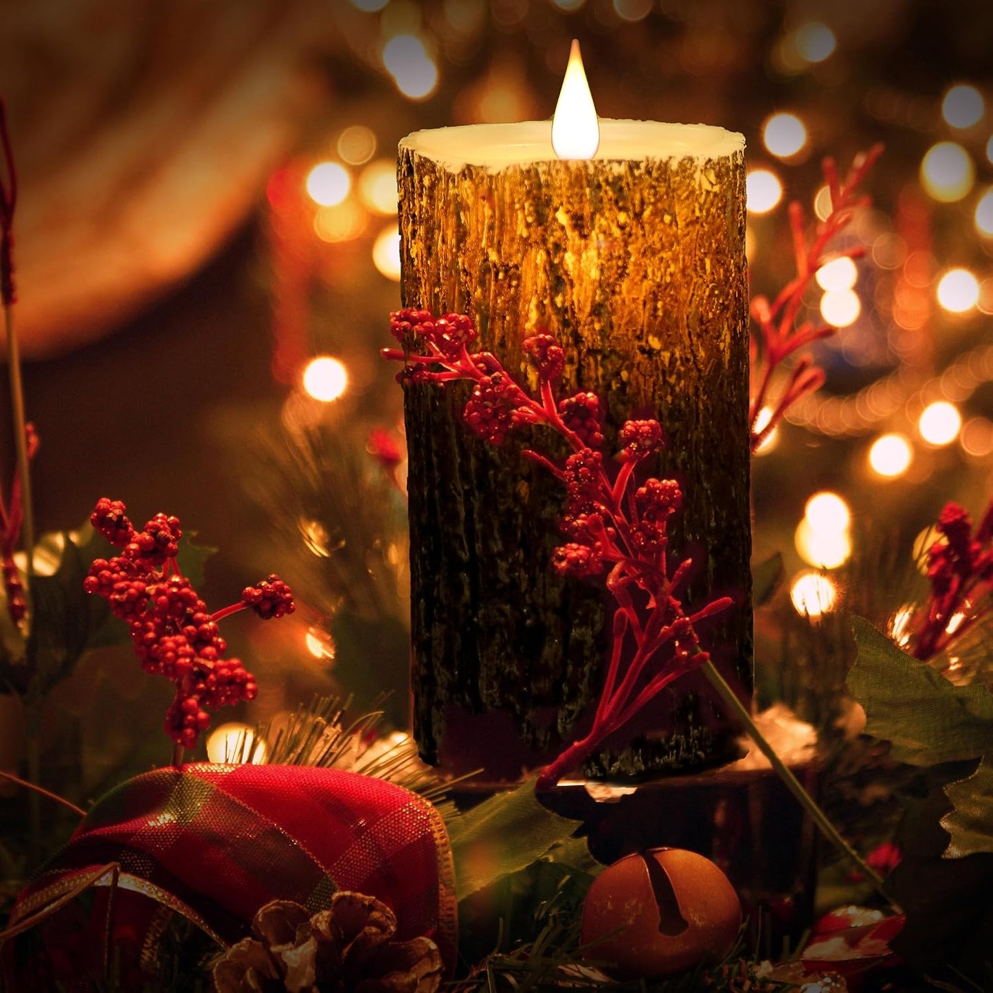 NICEME Rechargeable LED Pine Bark Flameless Candles with Timer Remote USB Cable, Brown Real Wax USB Candles Flickering