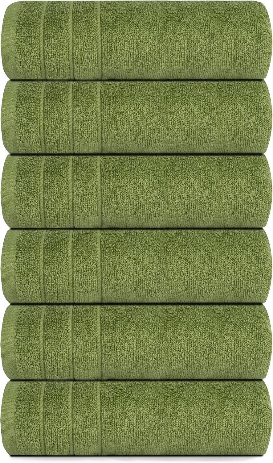 6 Piece Hand Towels Set 16 x 28 Inches, Green | 100% Cotton, Lighter Weight, Quick to Dry, 16 x 28 Inches, Super Soft &