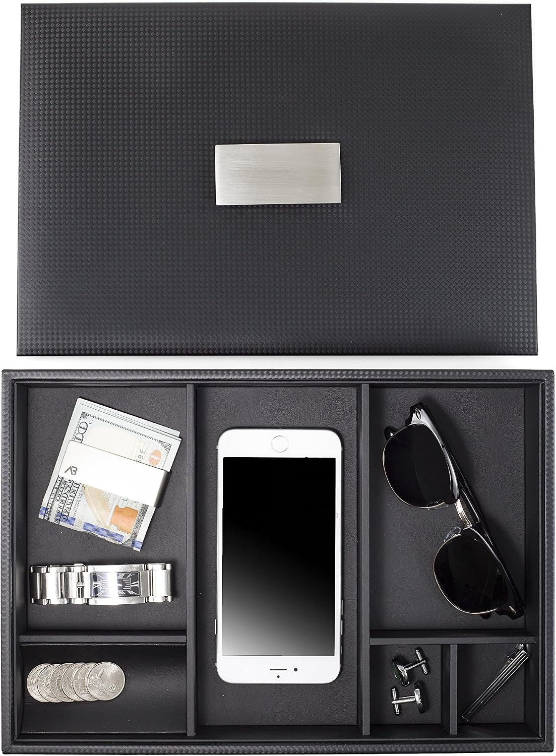 Glenor Co Mens Valet Tray/Dresser Organizer & Lid - 6 Slot Luxury Jewelry Accessories Box, Carbon Fiber Design & Metal