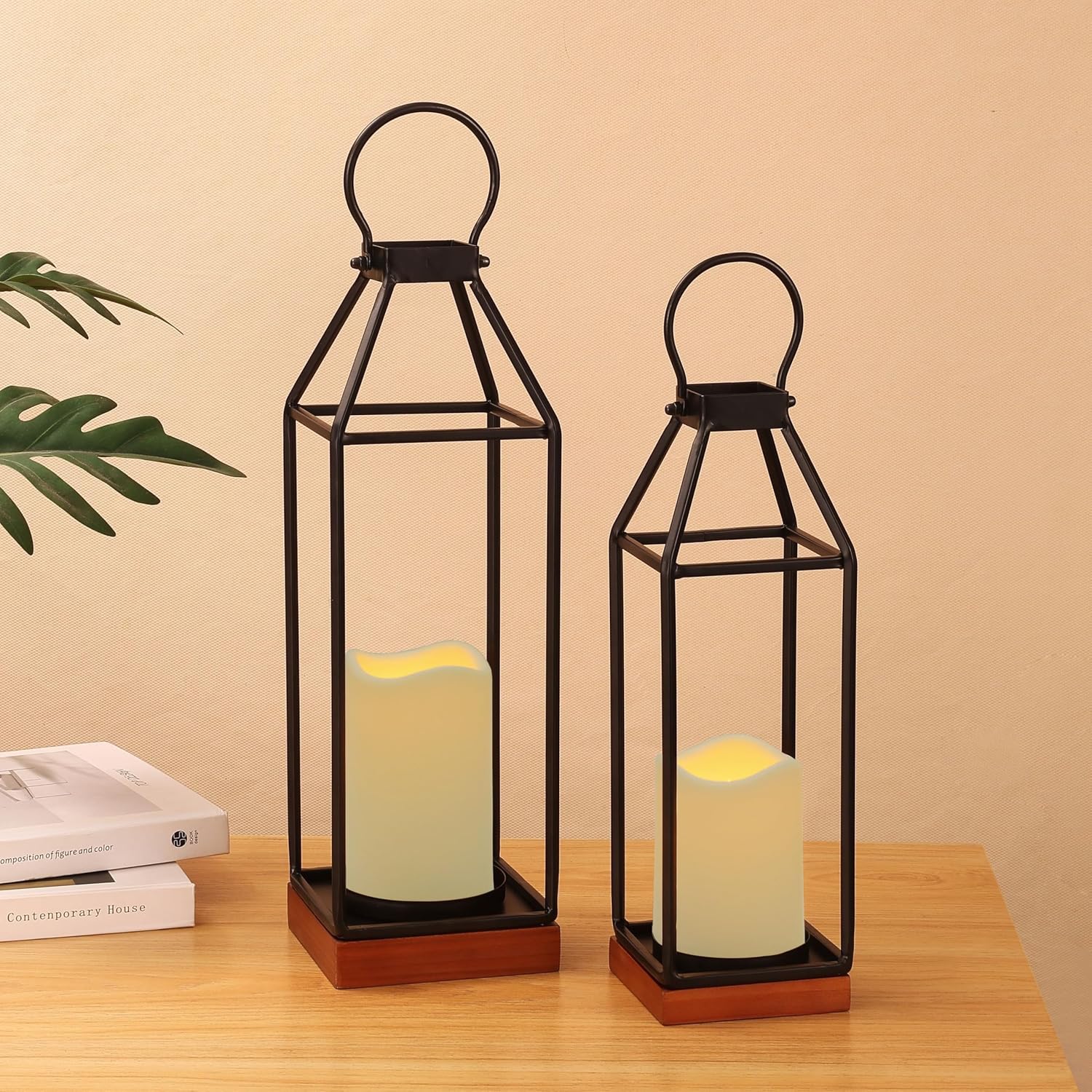 Perfnique Metal Lanterns w/ Pine Wood, Set of 2 Farmhouse Lantern Decorative w/ Waterproof Flameless Candle & Remote