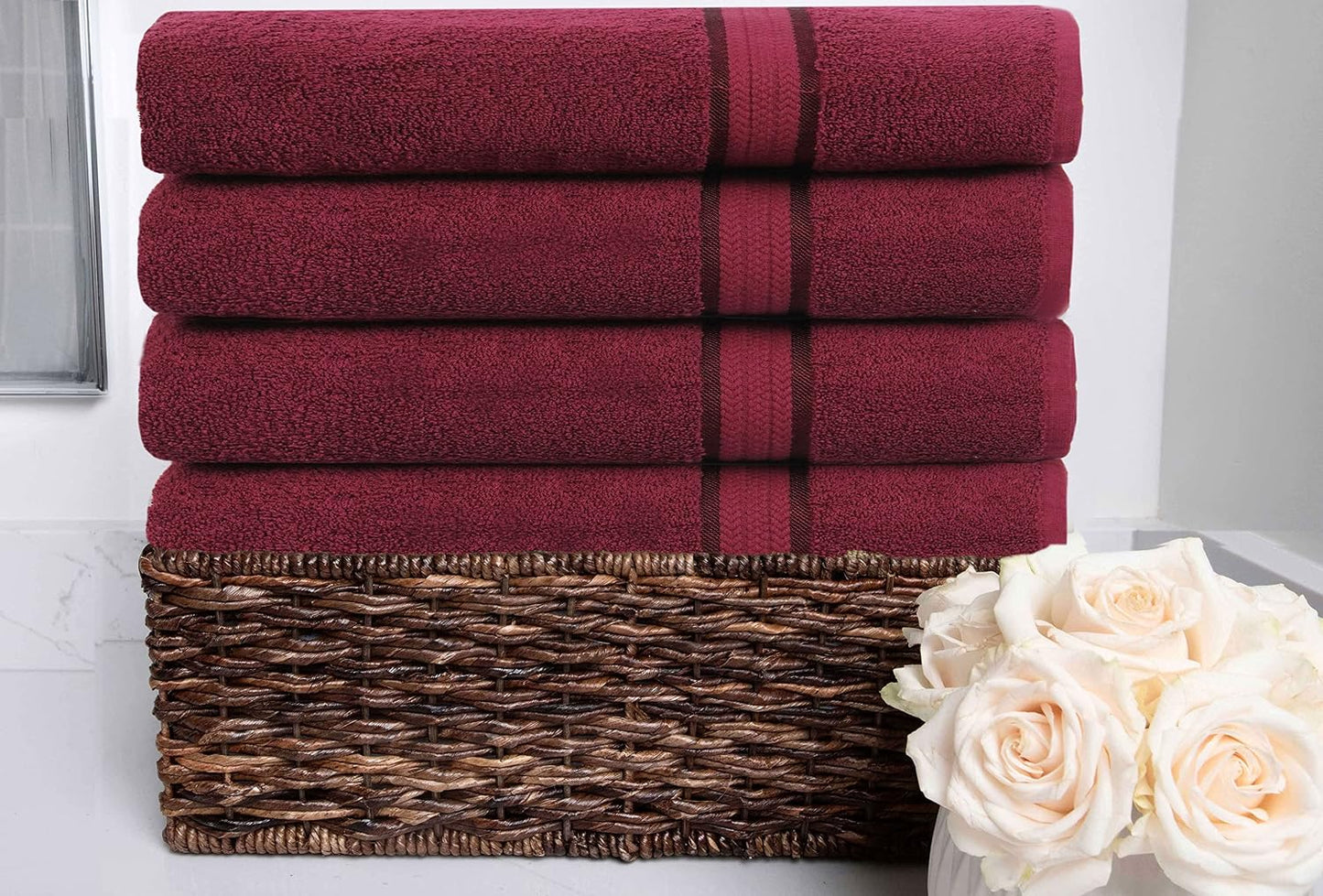 COTTON CRAFT Ultra Soft Bath Towels - 4 Pack 100% Cotton Large 30x54 inches | Oversized 580 GSM Absorbent Burgundy Bath